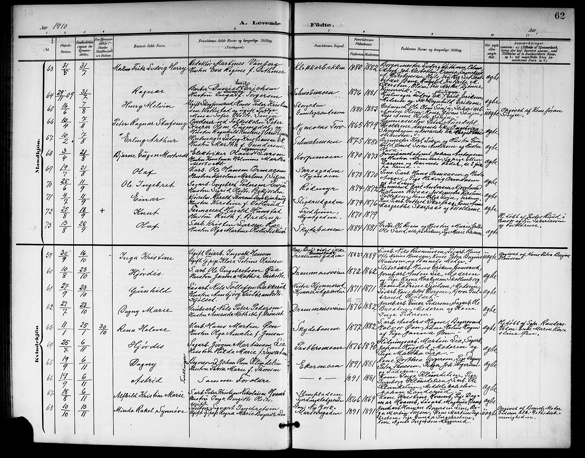 Kongsberg kirkebøker, AV/SAKO-A-22/G/Ga/L0007: Parish register (copy) no. 7, 1901-1915, p. 62