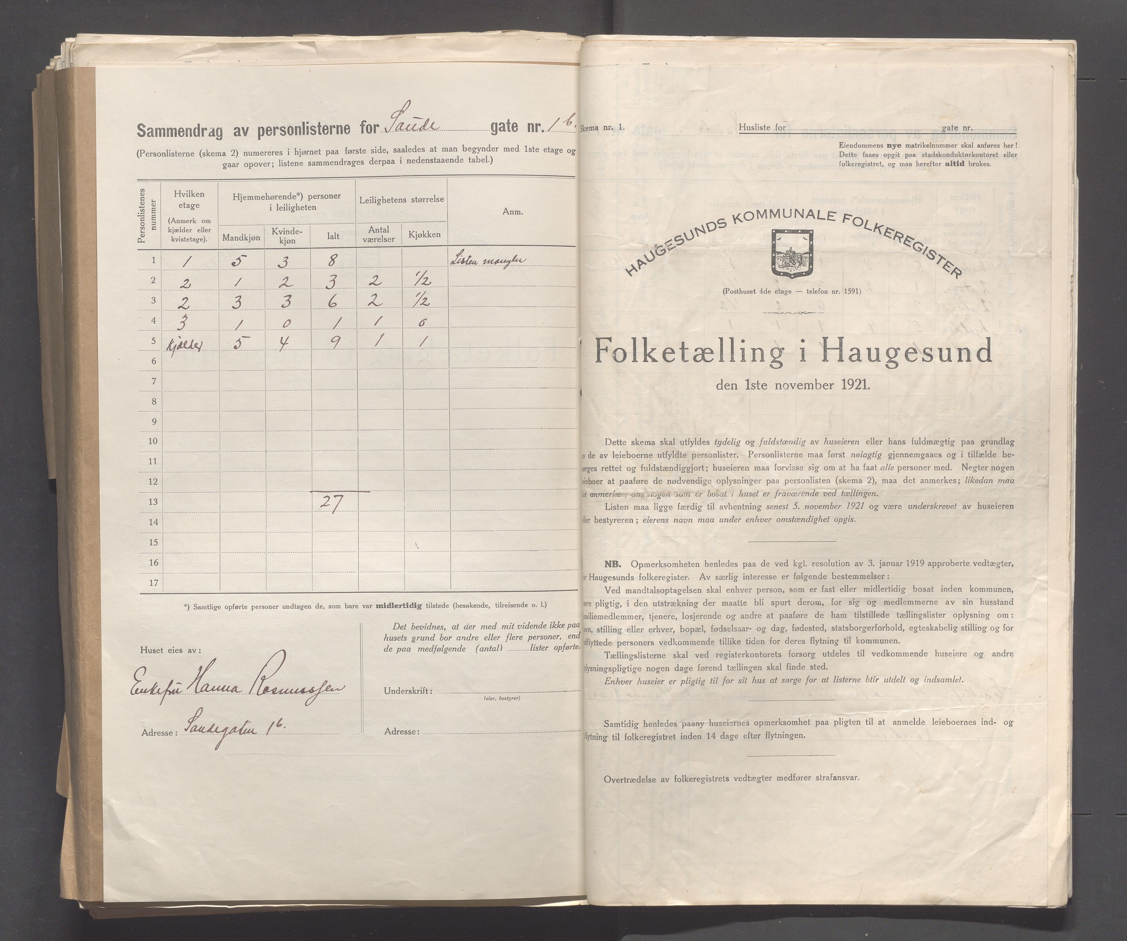 IKAR, Local census 1.11.1921 for Haugesund, 1921, p. 3595