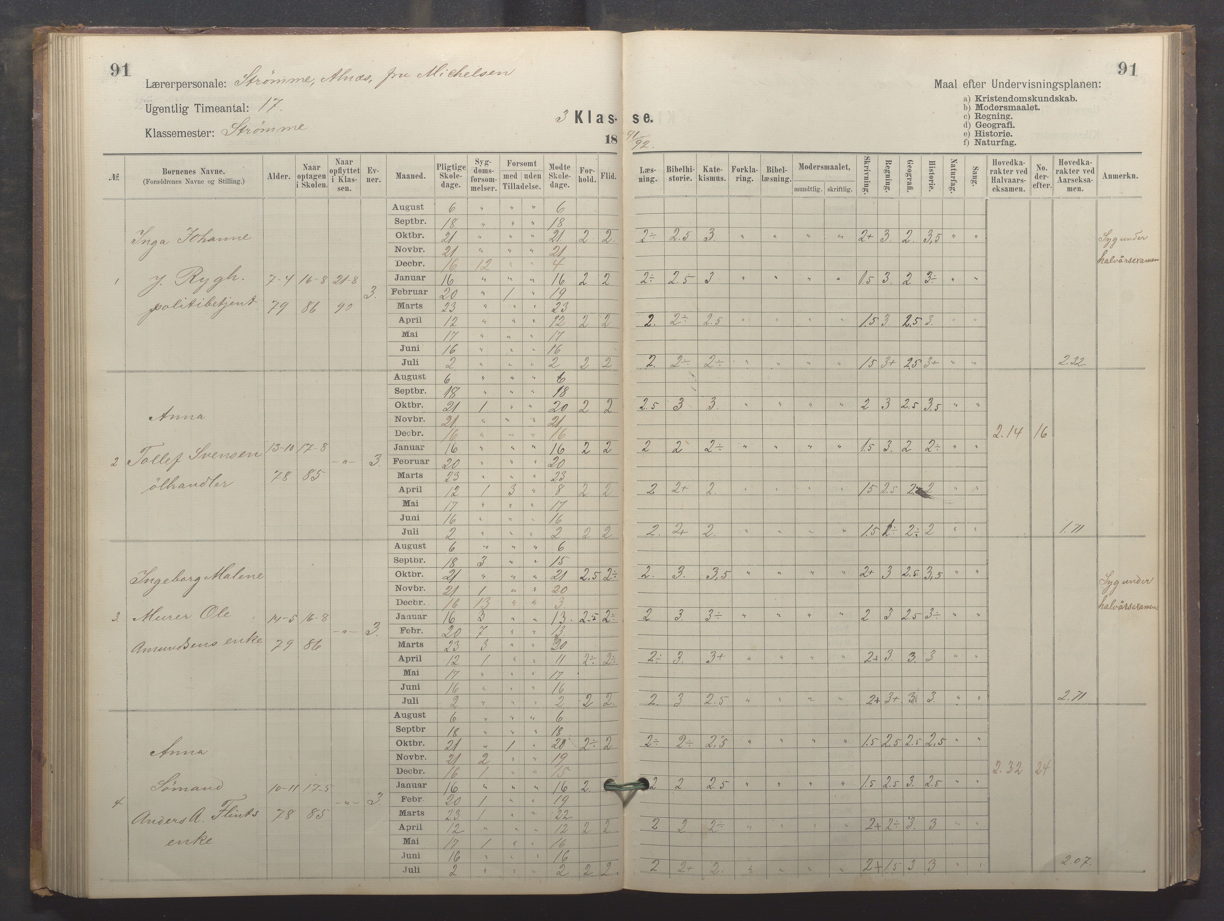 Egersund kommune (Ladested) - Egersund almueskole/folkeskole, IKAR/K-100521/H/L0024: Skoleprotokoll - Almueskolen, 3. klasse, 1887-1892, p. 91