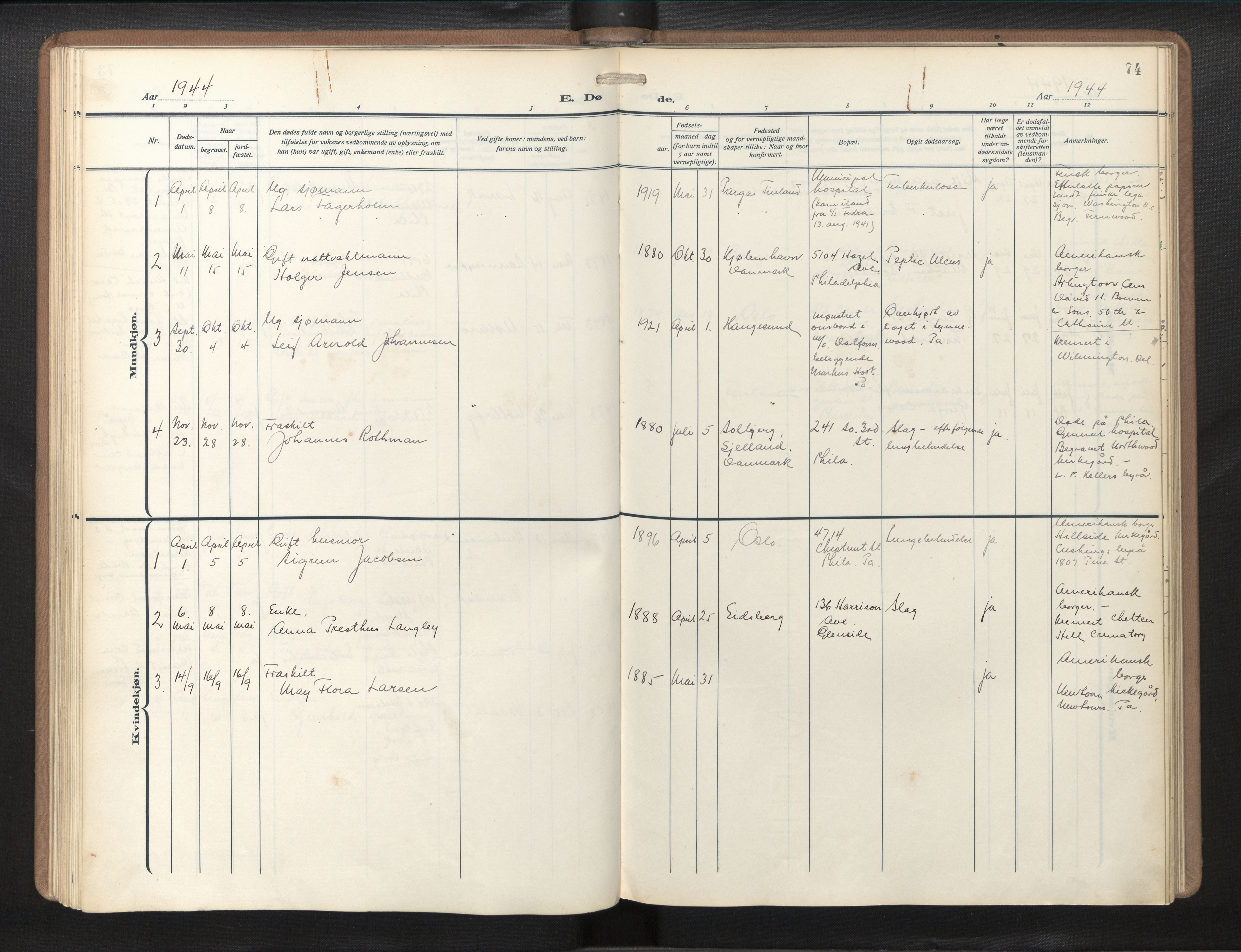 Den norske sjømannsmisjon i utlandet/Philadelphia, SAB/SAB/PA-0113/H/Ha/L0002: Parish register (official) no. A 2, 1931-1957, p. 73b-74a