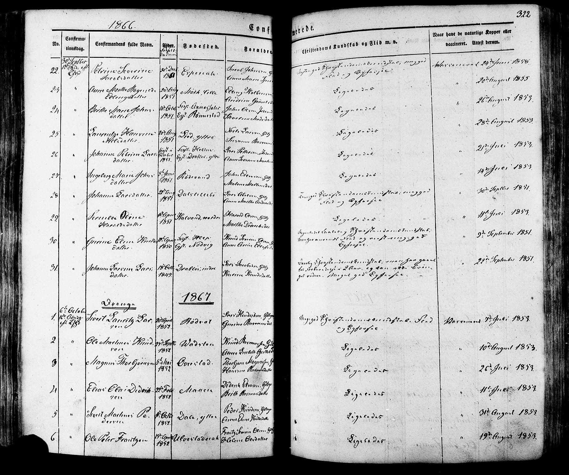 Ministerialprotokoller, klokkerbøker og fødselsregistre - Møre og Romsdal, SAT/A-1454/511/L0140: Parish register (official) no. 511A07, 1851-1878, p. 322