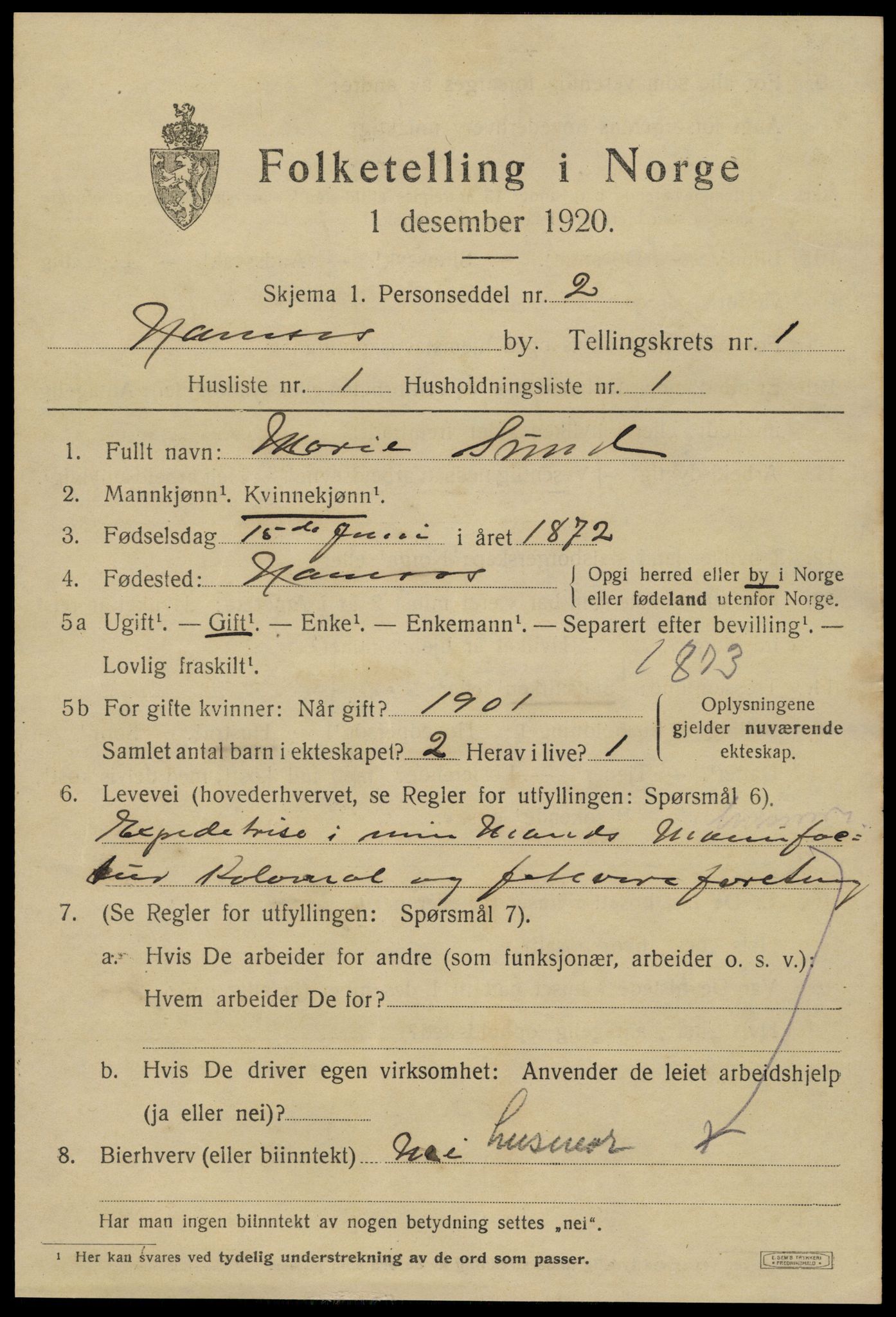 SAT, 1920 census for Namsos, 1920, p. 2017