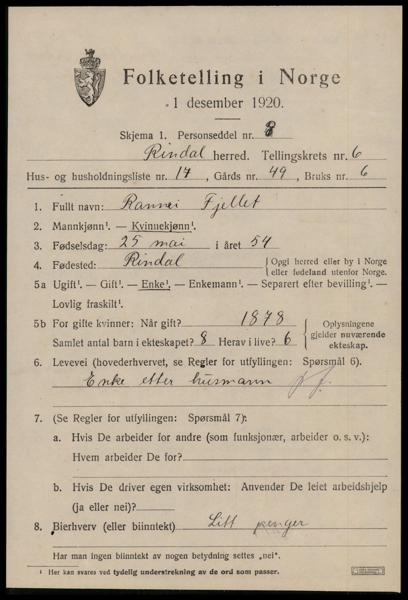 SAT, 1920 census for Rindal, 1920, p. 3536
