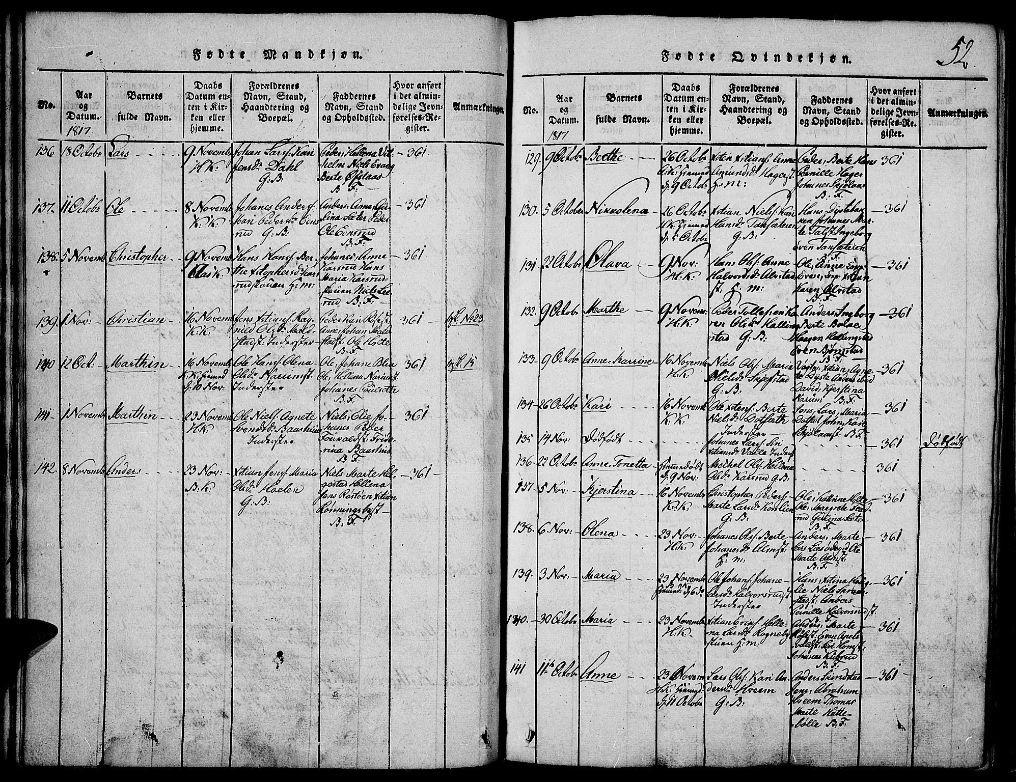 Toten prestekontor, SAH/PREST-102/H/Ha/Haa/L0009: Parish register (official) no. 9, 1814-1820, p. 52