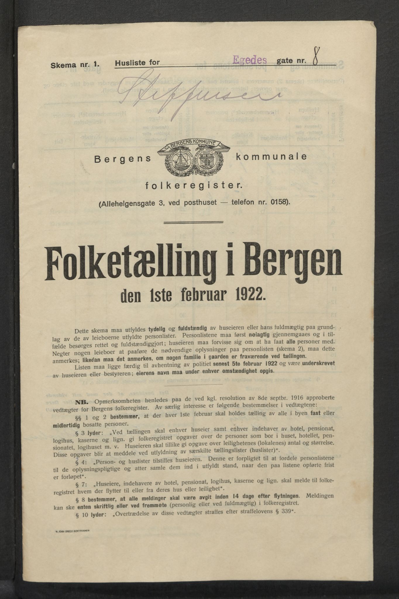 SAB, Municipal Census 1922 for Bergen, 1922, p. 6503
