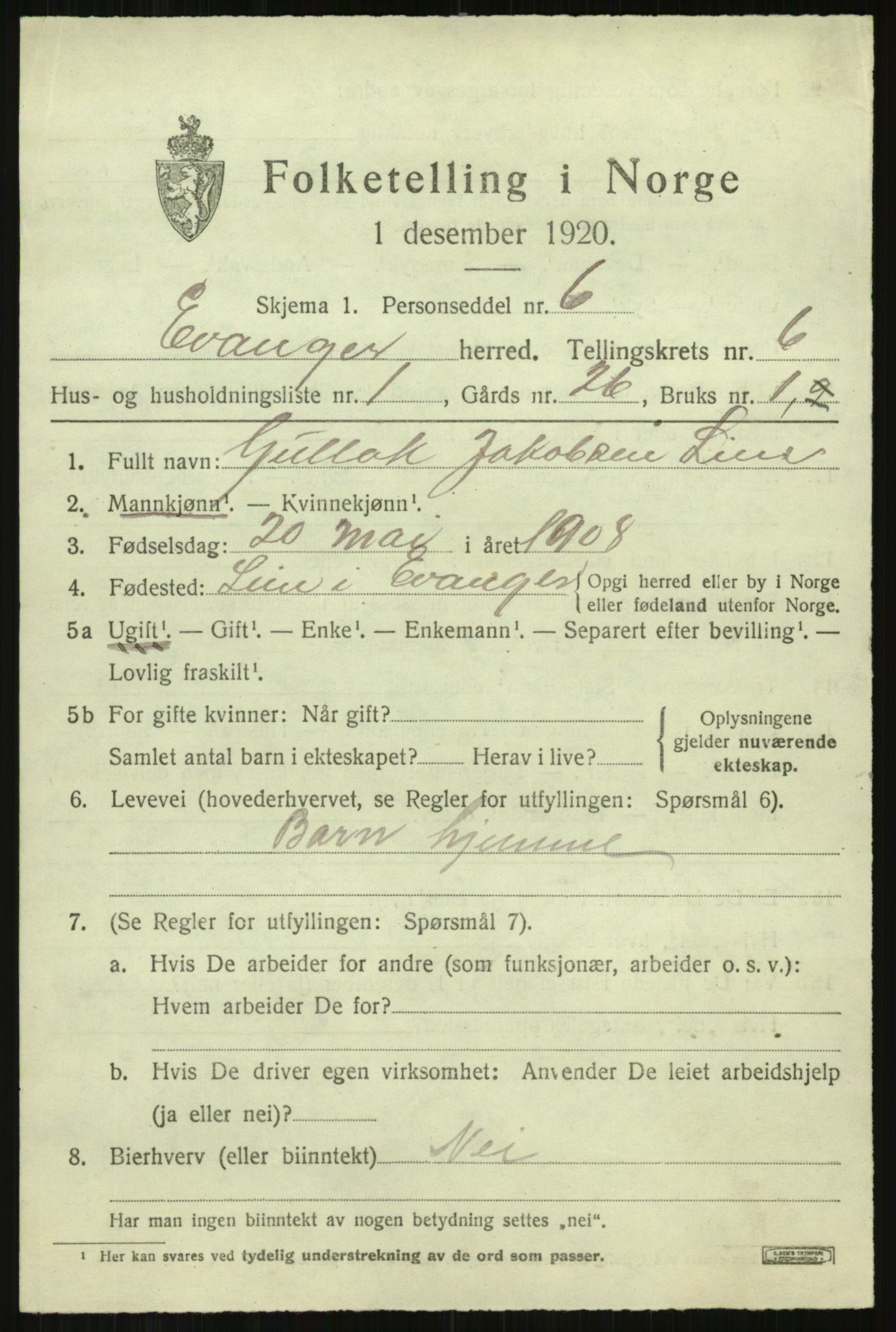 SAB, 1920 census for Evanger, 1920, p. 1919