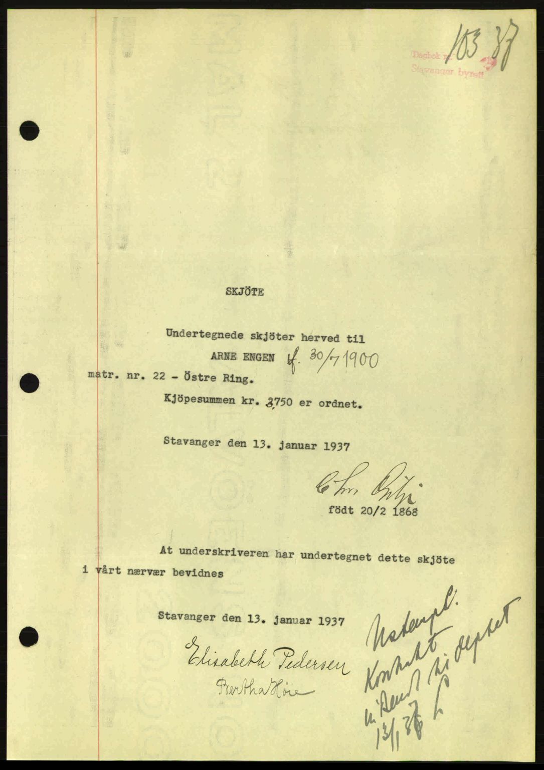 Stavanger byrett, SAST/A-100455/002/G/Gb/L0012: Mortgage book no. A2, 1936-1937, Diary no: : 103/1937