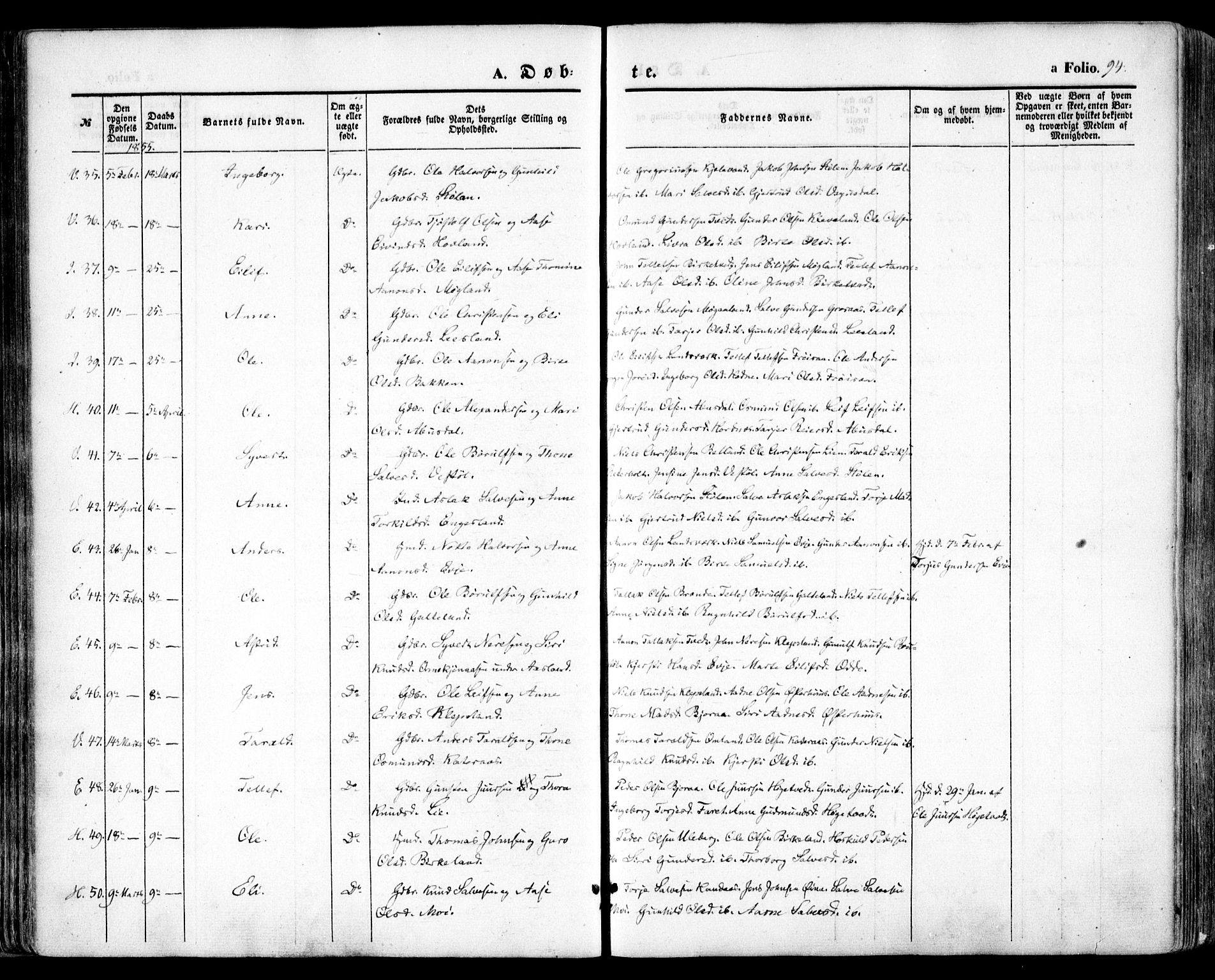 Evje sokneprestkontor, AV/SAK-1111-0008/F/Fa/Faa/L0005: Parish register (official) no. A 5, 1843-1865, p. 94