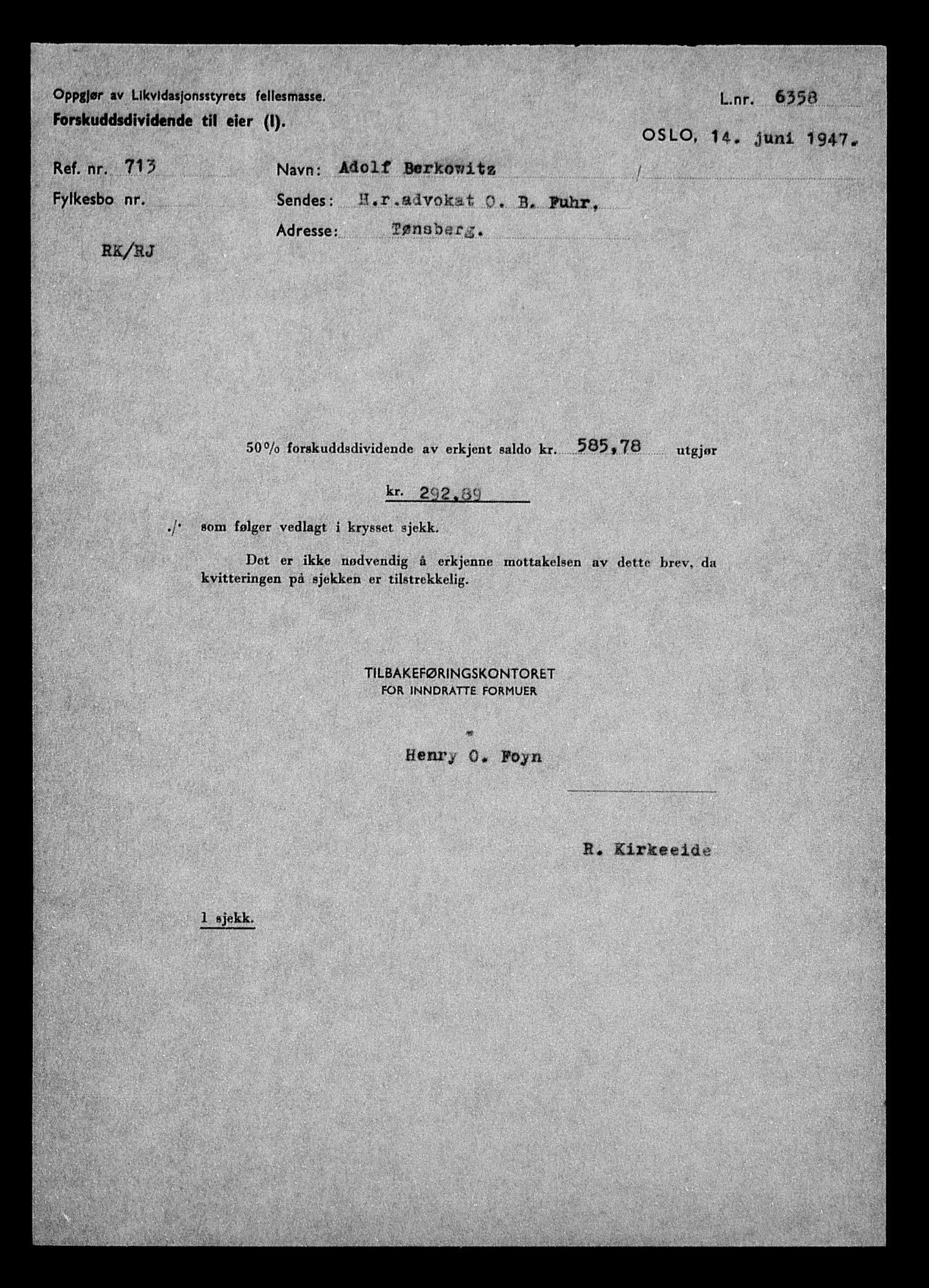 Justisdepartementet, Tilbakeføringskontoret for inndratte formuer, AV/RA-S-1564/H/Hc/Hcd/L0991: --, 1945-1947, p. 63