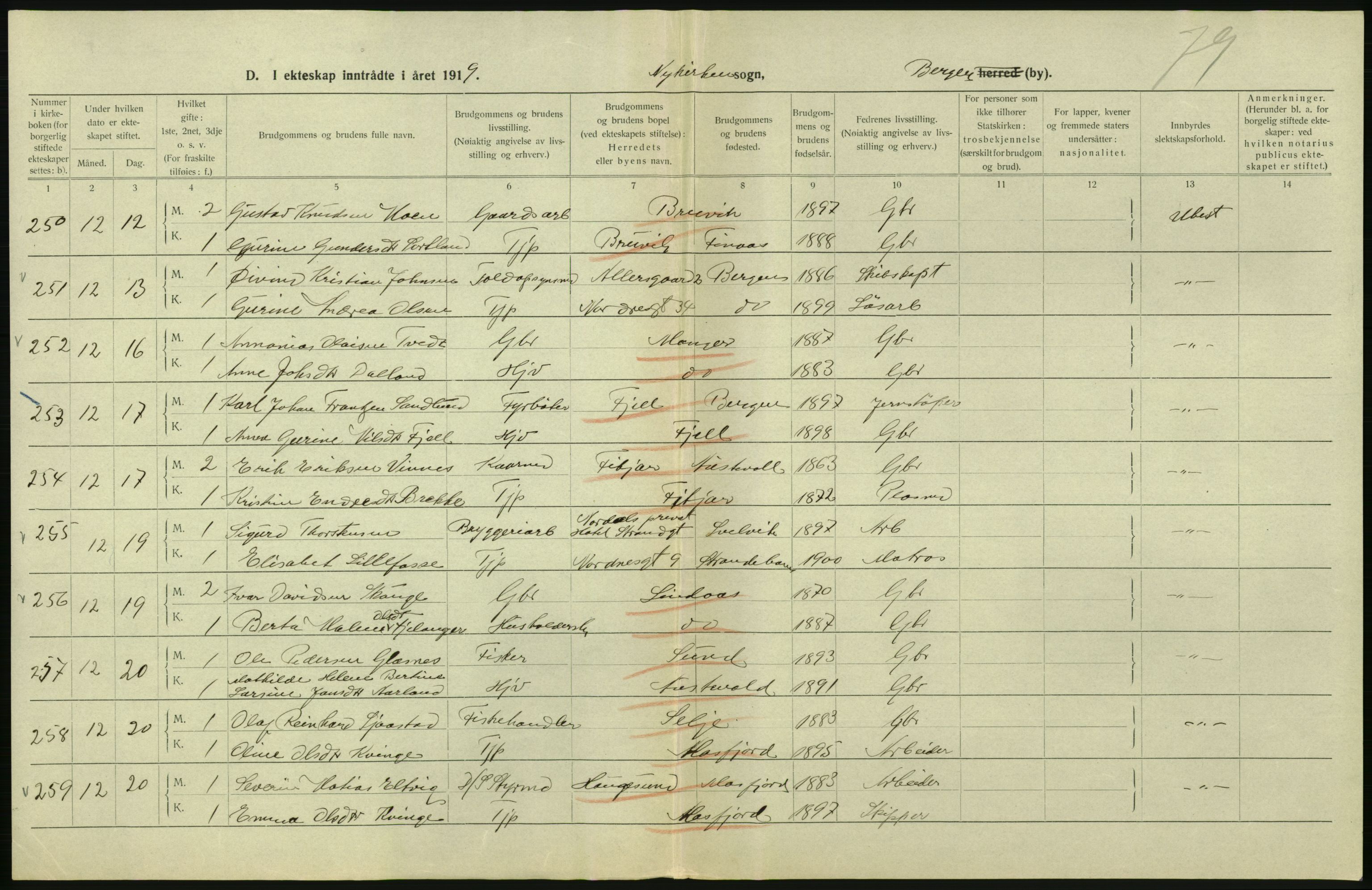 Statistisk sentralbyrå, Sosiodemografiske emner, Befolkning, RA/S-2228/D/Df/Dfb/Dfbi/L0035: Bergen: Gifte, døde, dødfødte., 1919, p. 100