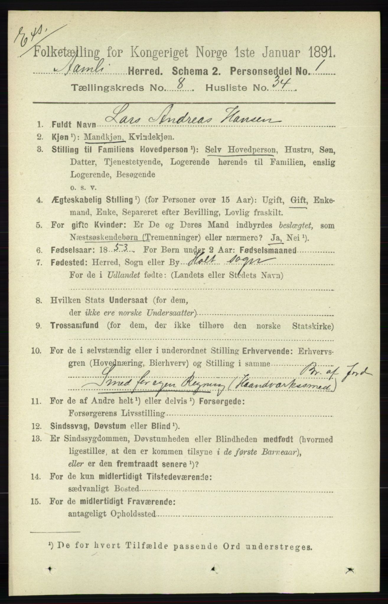 RA, Census 1891 for Nedenes amt: Gjenparter av personsedler for beslektede ektefeller, menn, 1891, p. 365