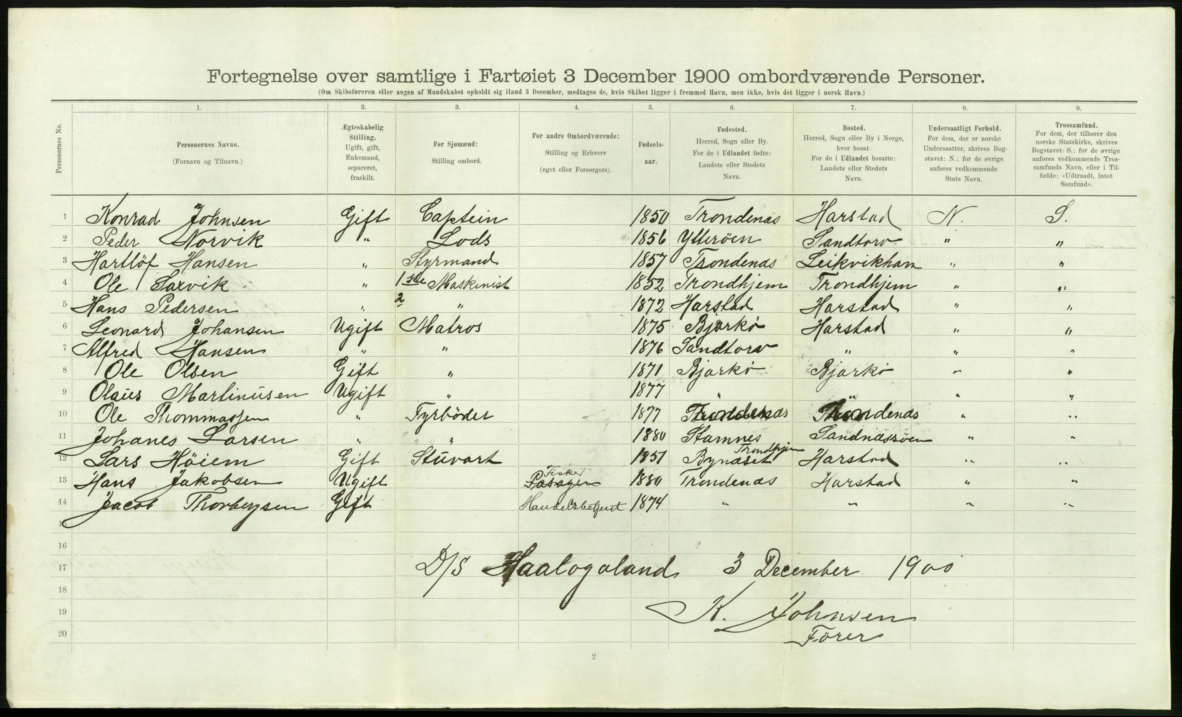 RA, 1900 Census - ship lists from ships in Norwegian harbours, harbours abroad and at sea, 1900, p. 1176