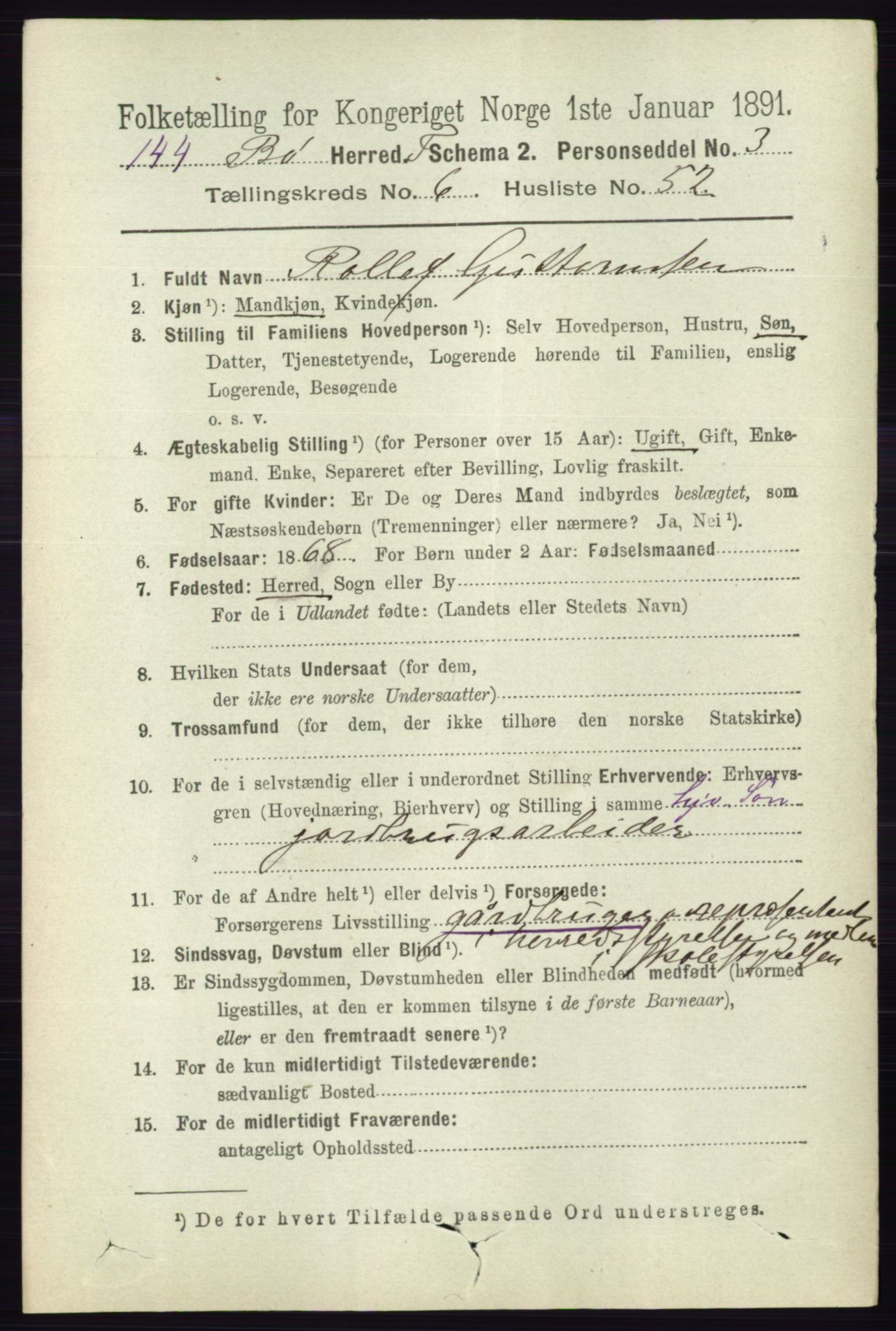 RA, 1891 census for 0821 Bø, 1891, p. 2138