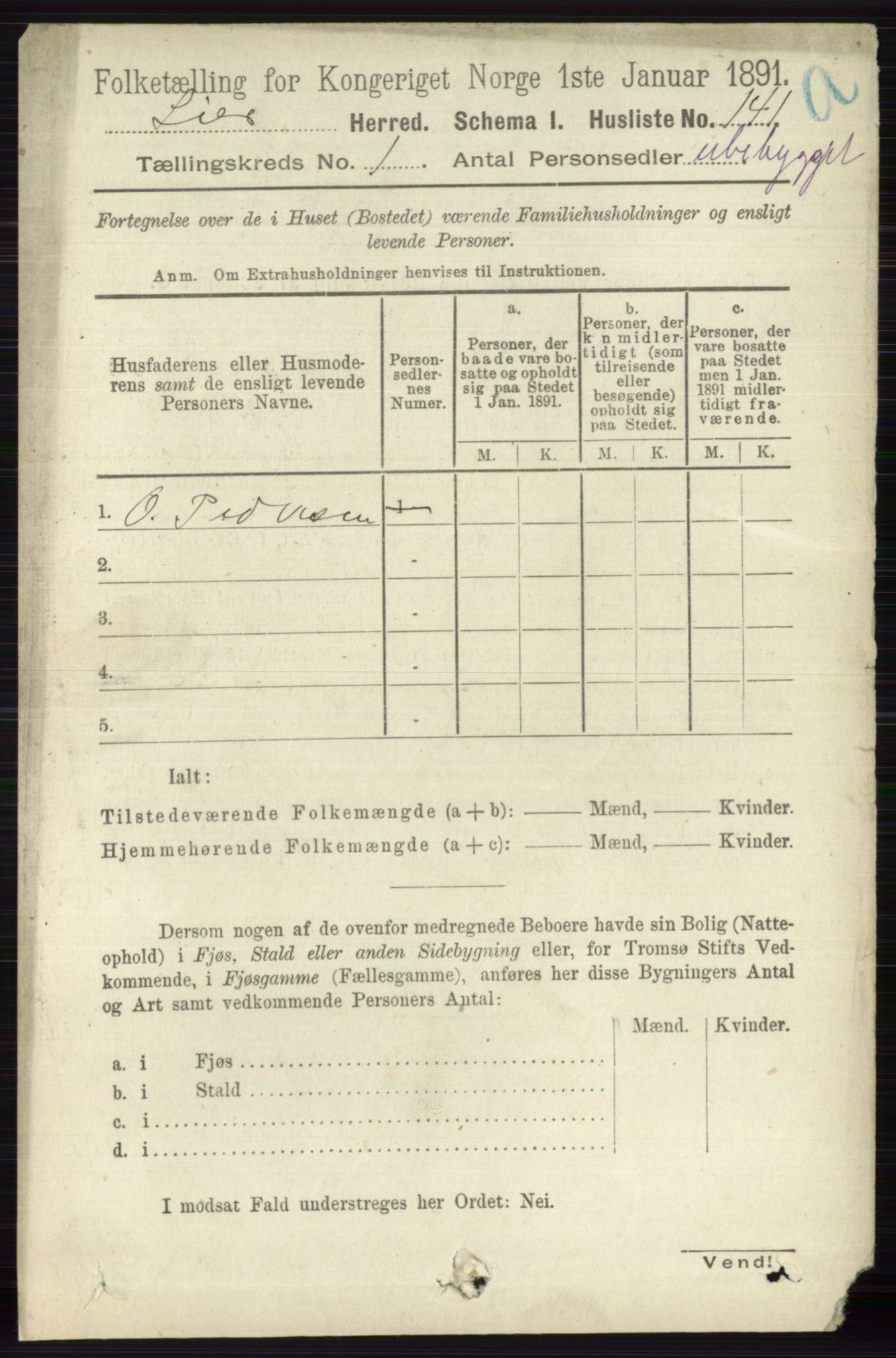 RA, 1891 census for 0626 Lier, 1891, p. 184