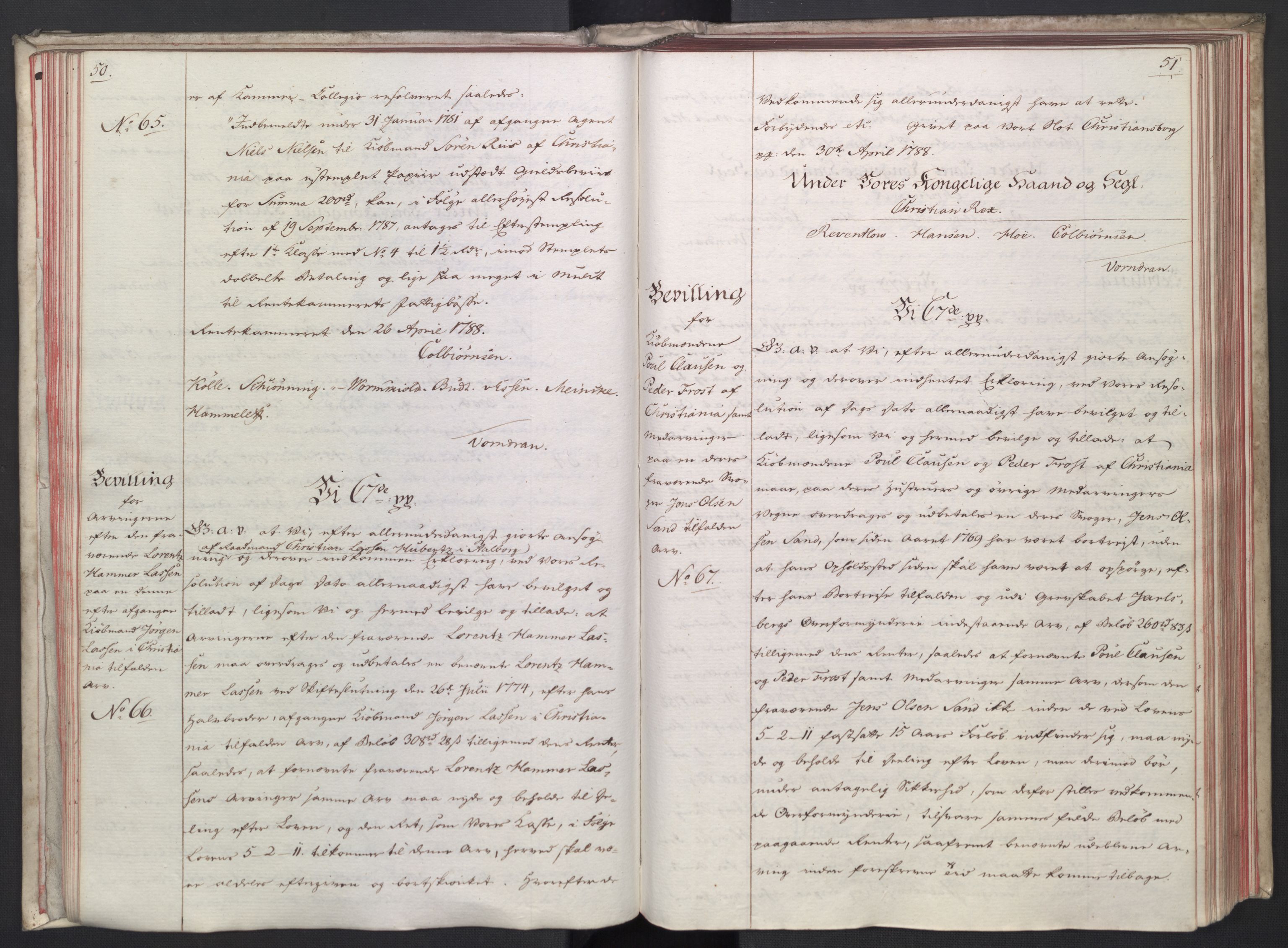 Rentekammeret, Kammerkanselliet, RA/EA-3111/G/Gg/Gga/L0014: Norsk ekspedisjonsprotokoll med register (merket RK 53.14), 1787-1790, p. 50-51