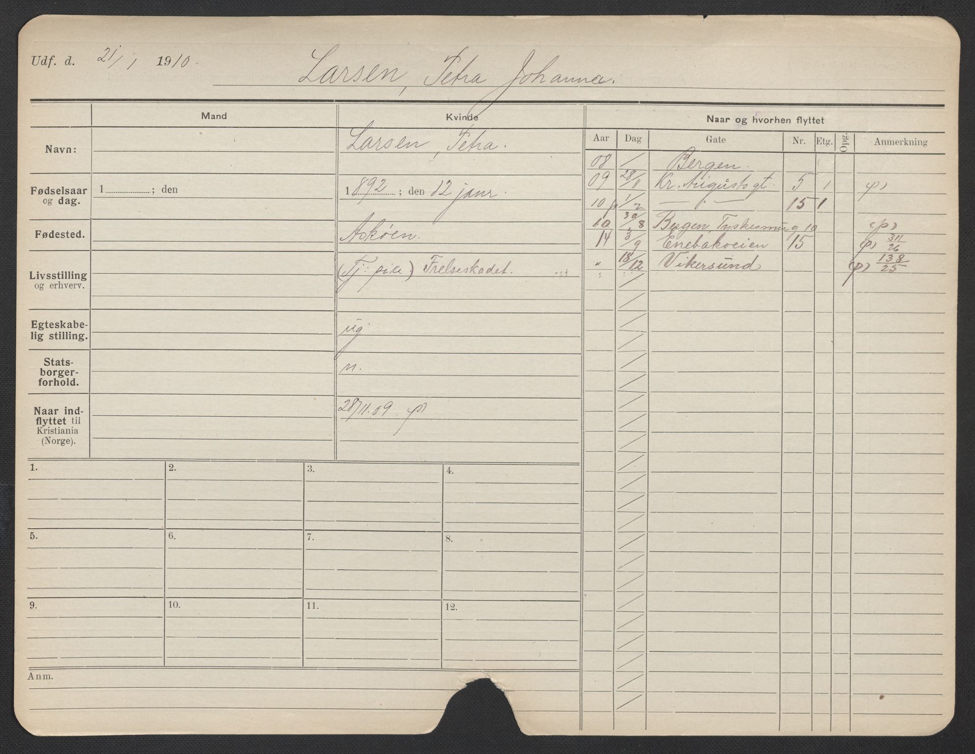 Oslo folkeregister, Registerkort, AV/SAO-A-11715/F/Fa/Fac/L0019: Kvinner, 1906-1914, p. 1122a