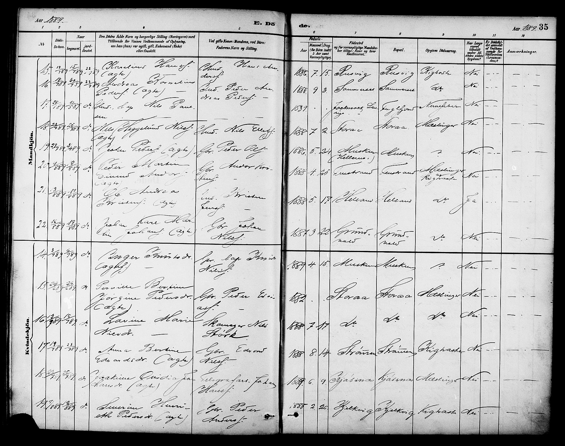 Ministerialprotokoller, klokkerbøker og fødselsregistre - Nordland, AV/SAT-A-1459/861/L0870: Parish register (official) no. 861A05, 1889-1903, p. 35