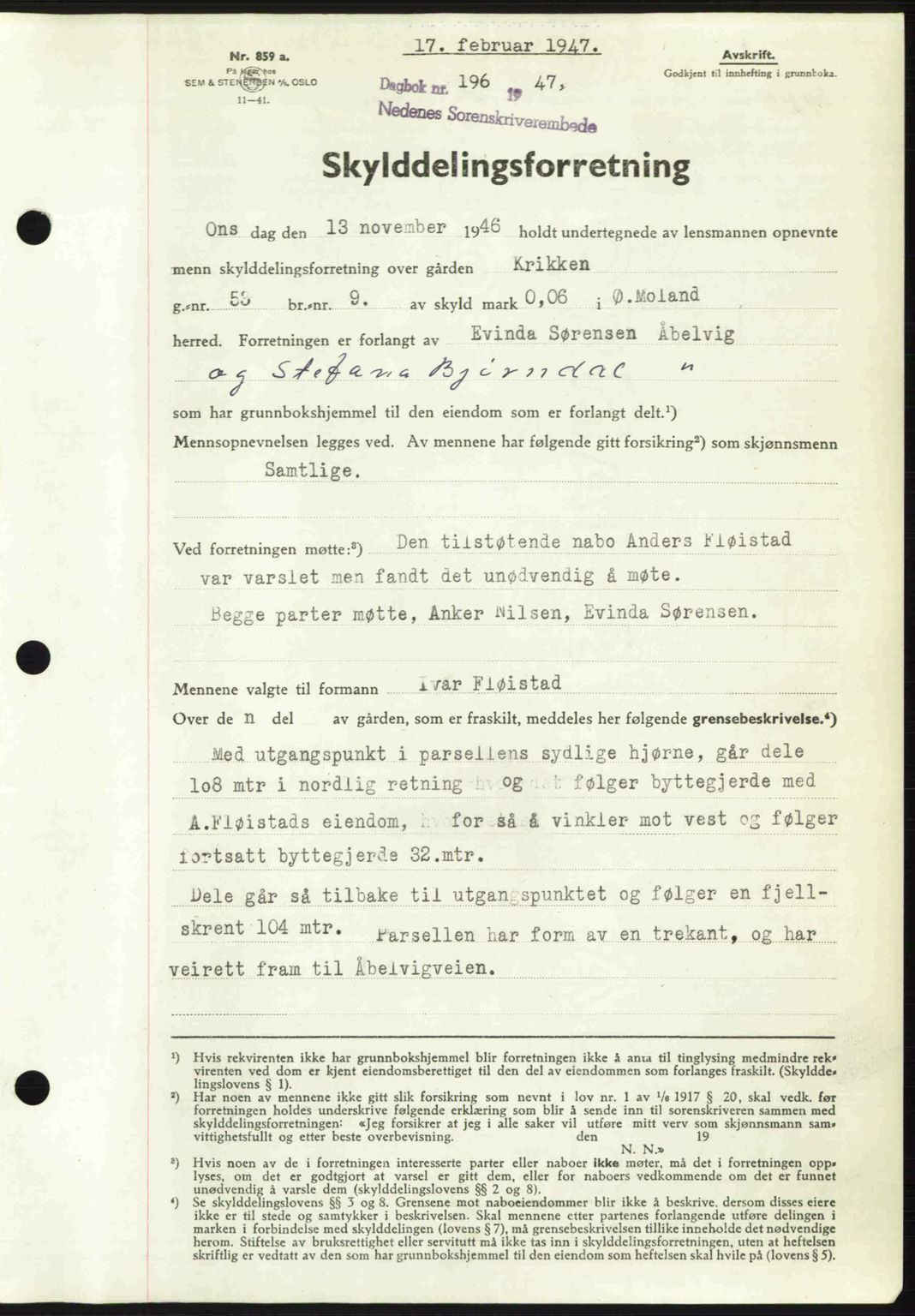 Nedenes sorenskriveri, AV/SAK-1221-0006/G/Gb/Gba/L0056: Mortgage book no. A8, 1946-1947, Diary no: : 196/1947