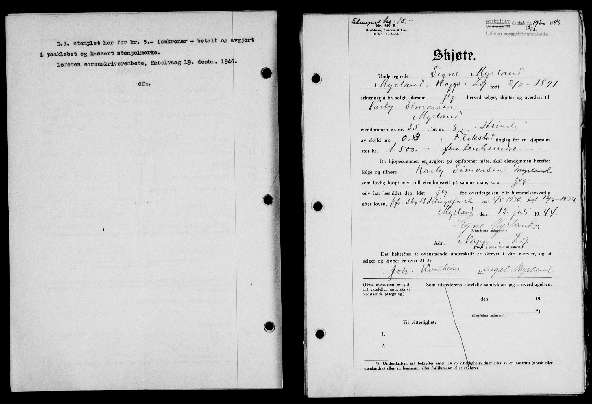 Lofoten sorenskriveri, SAT/A-0017/1/2/2C/L0015a: Mortgage book no. 15a, 1946-1947, Diary no: : 1930/1946
