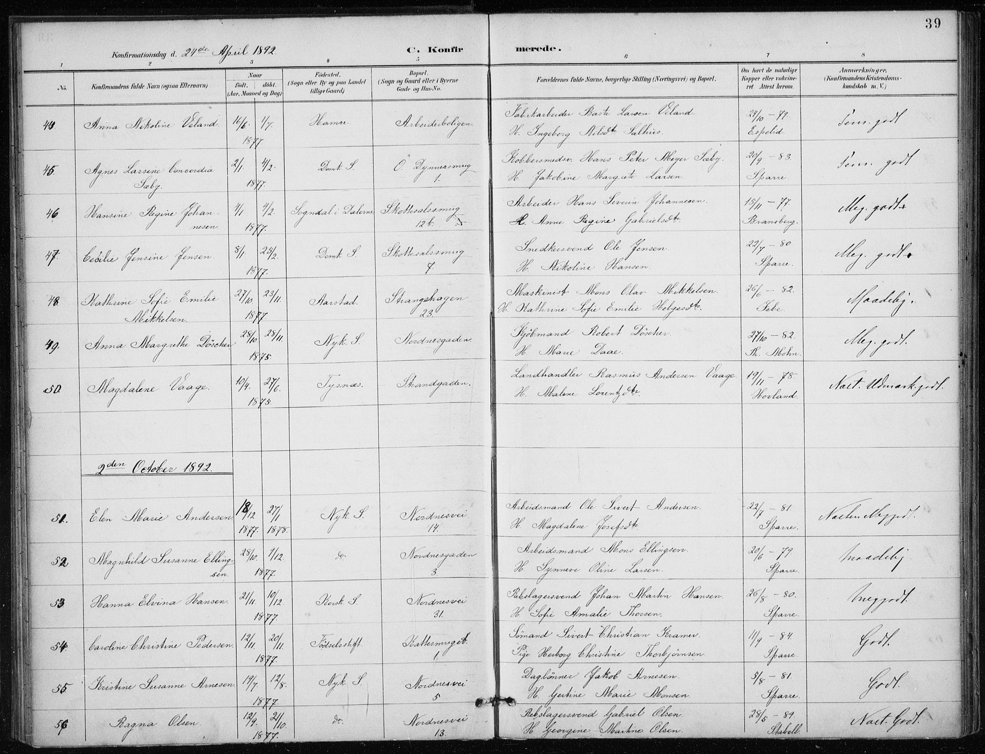 Nykirken Sokneprestembete, SAB/A-77101/H/Haa/L0028: Parish register (official) no. C 7, 1887-1913, p. 39