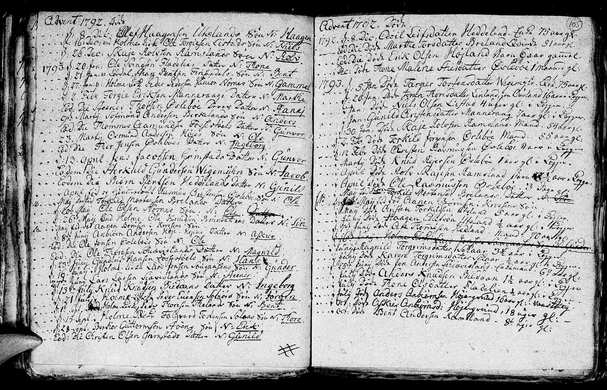 Holum sokneprestkontor, AV/SAK-1111-0022/F/Fb/Fba/L0001: Parish register (copy) no. B 1 /2, 1770-1802, p. 105