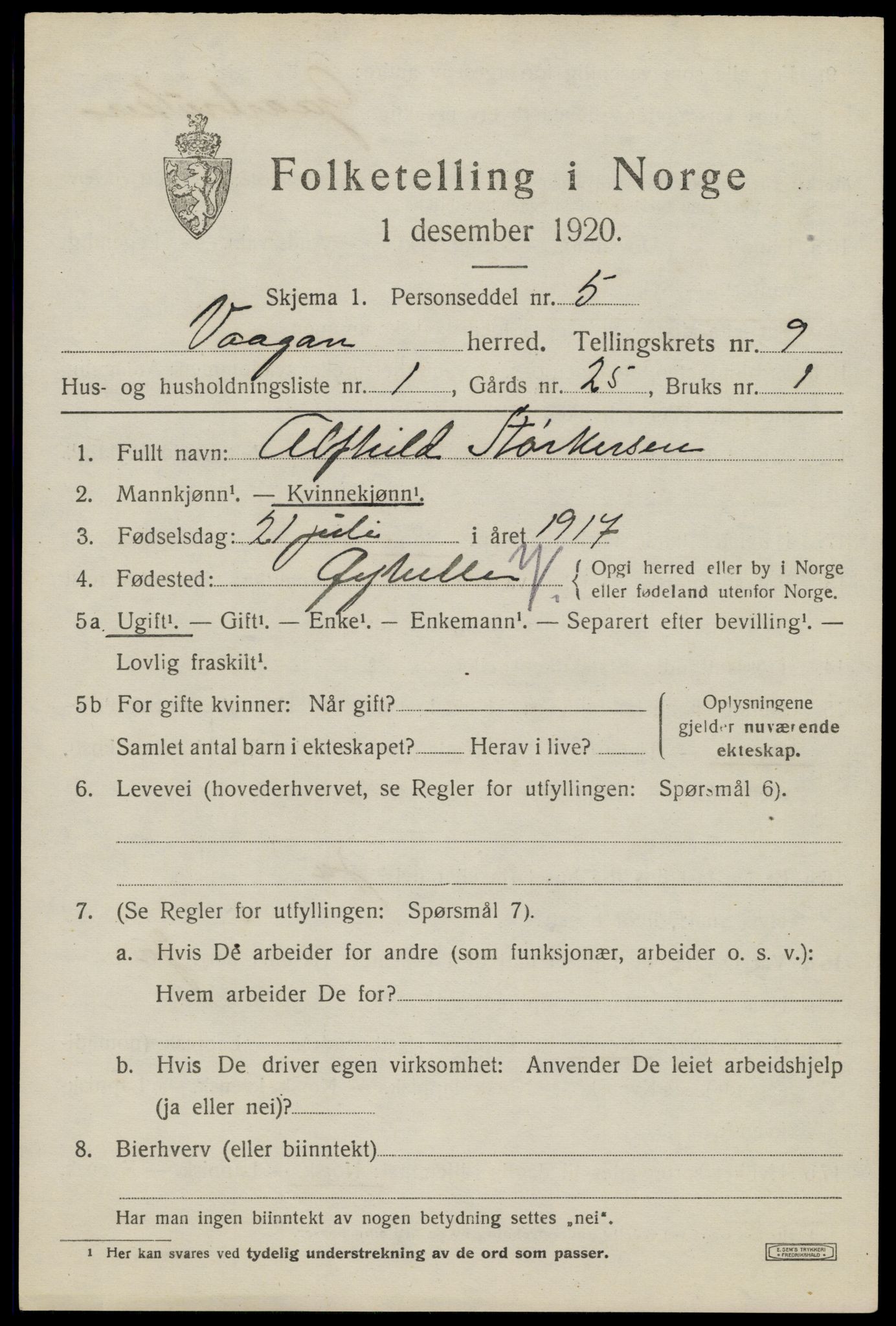 SAT, 1920 census for Vågan, 1920, p. 8105