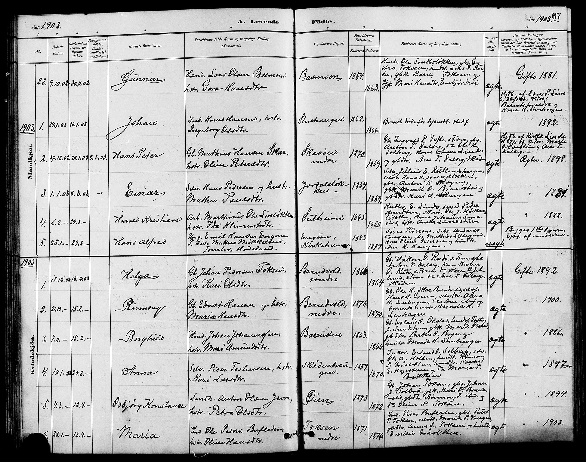 Nord-Fron prestekontor, SAH/PREST-080/H/Ha/Hab/L0004: Parish register (copy) no. 4, 1884-1914, p. 67