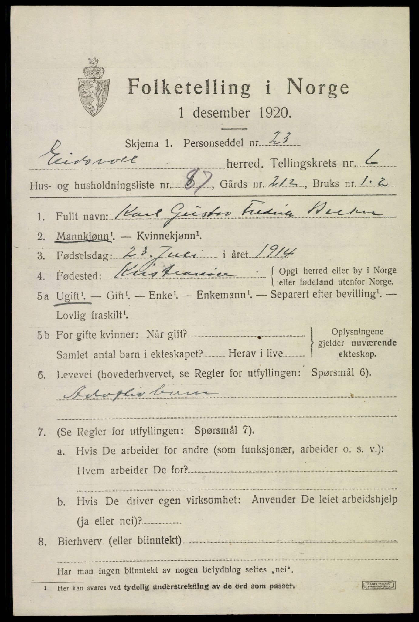 SAO, 1920 census for Eidsvoll, 1920, p. 11739