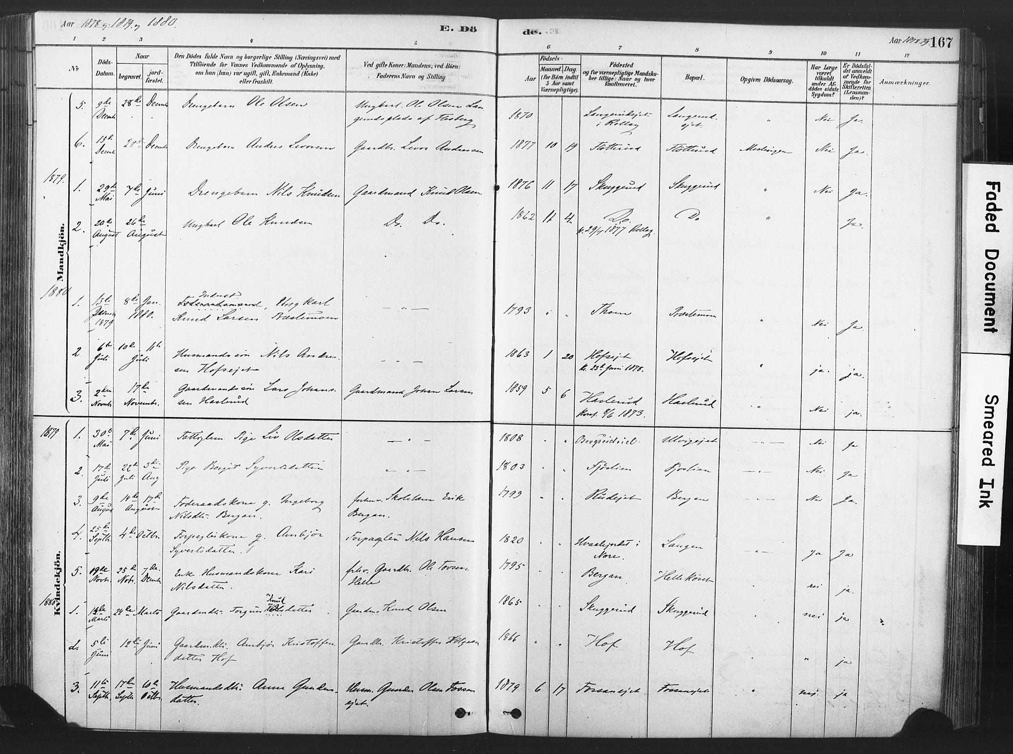 Rollag kirkebøker, SAKO/A-240/F/Fa/L0011: Parish register (official) no. I 11, 1878-1902, p. 167