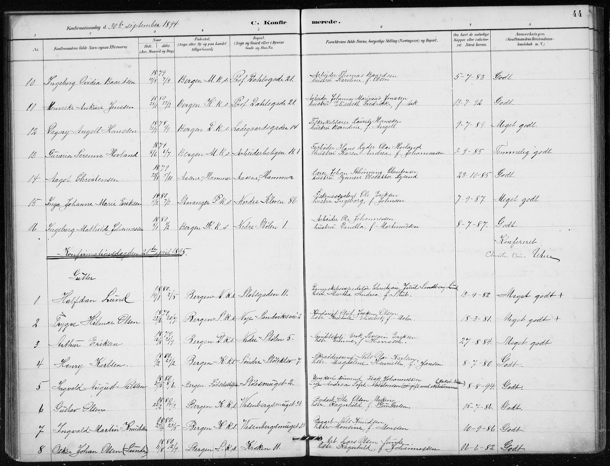 Mariakirken Sokneprestembete, SAB/A-76901/H/Haa/L0013: Parish register (official) no. C 1, 1889-1900, p. 44