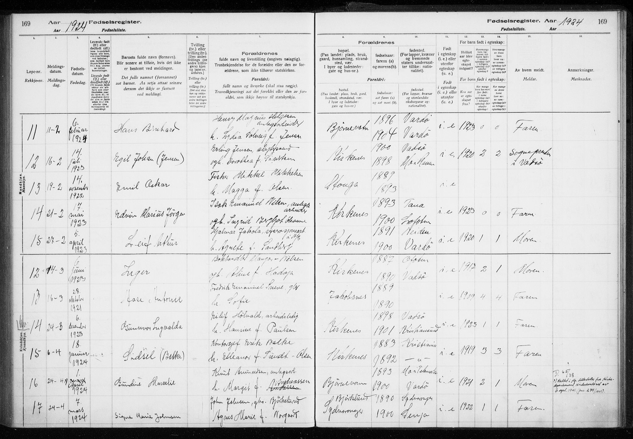 Sør-Varanger sokneprestkontor, AV/SATØ-S-1331/I/Ia/L0016: Birth register no. 16, 1915-1925, p. 169