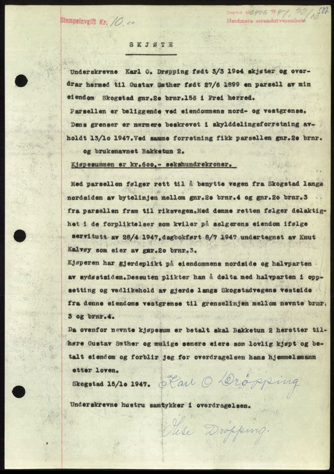 Nordmøre sorenskriveri, AV/SAT-A-4132/1/2/2Ca: Mortgage book no. A106, 1947-1947, Diary no: : 2426/1947