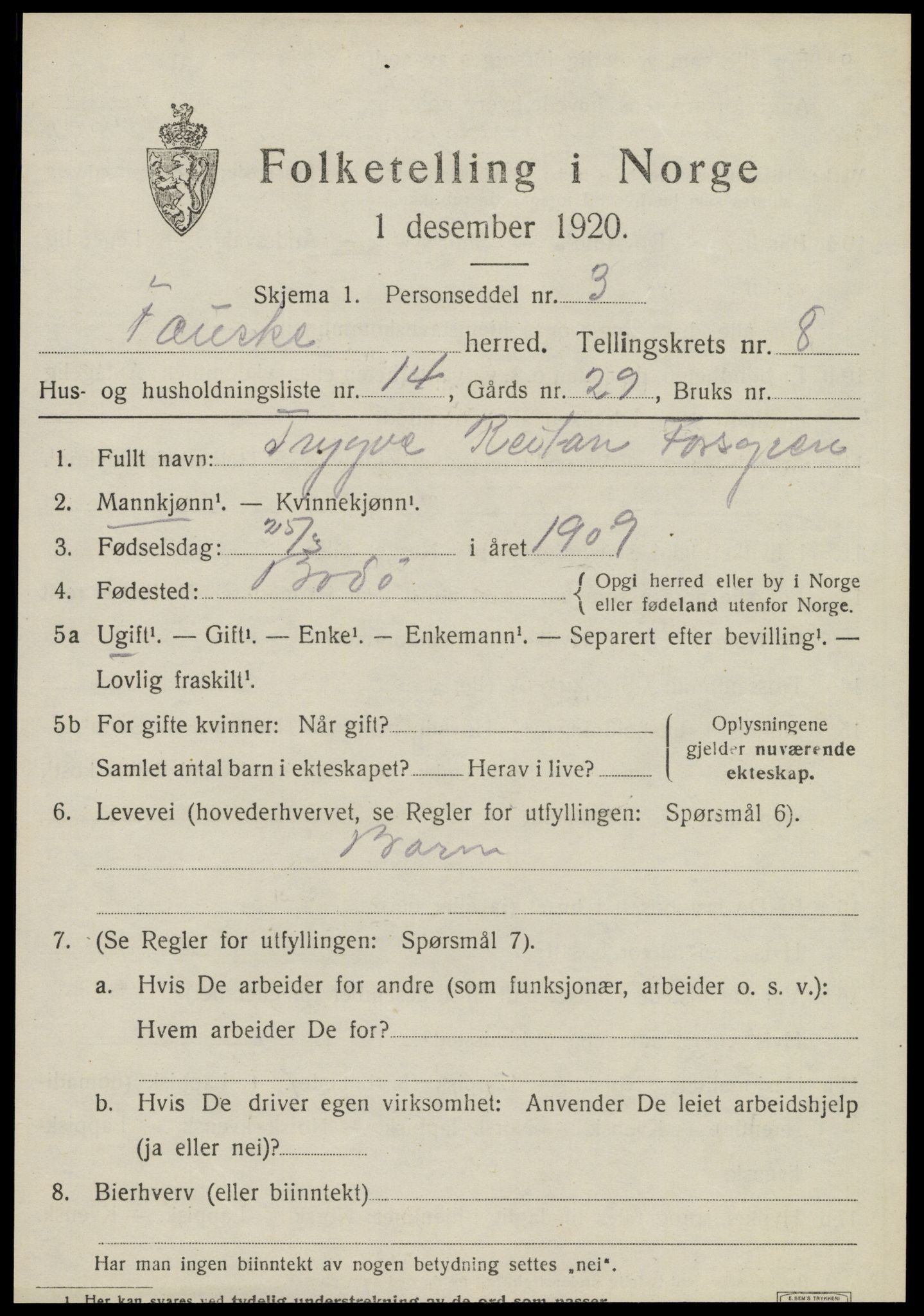 SAT, 1920 census for Fauske, 1920, p. 6456