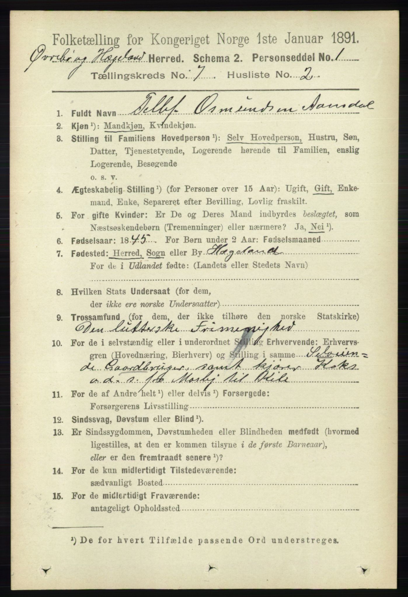 RA, 1891 census for 1016 Øvrebø og Hægeland, 1891, p. 1338