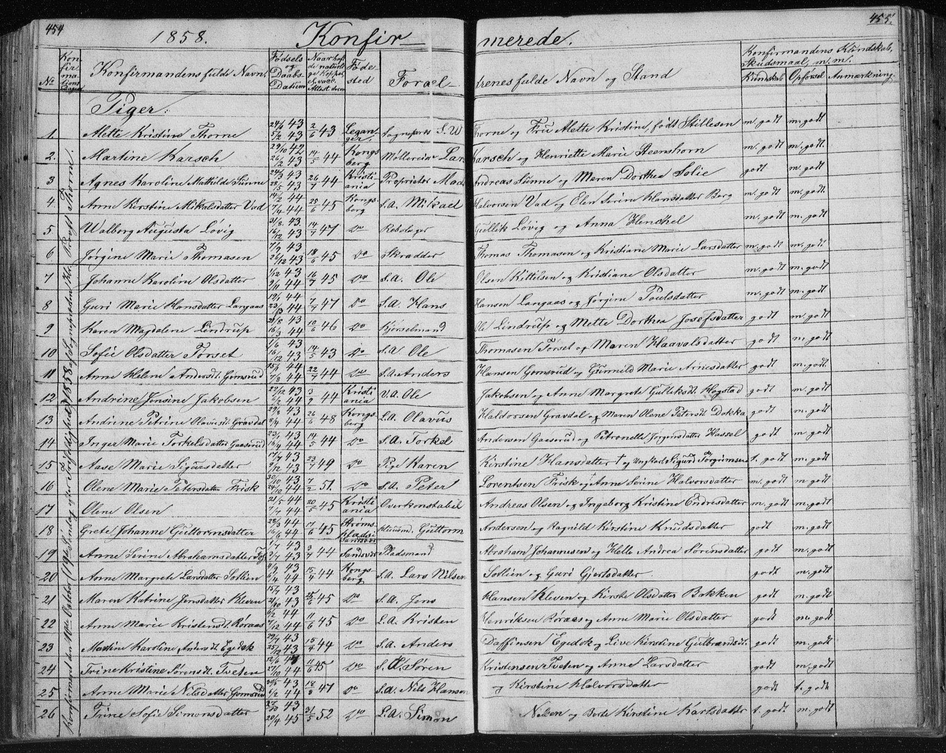 Kongsberg kirkebøker, AV/SAKO-A-22/F/Fa/L0009: Parish register (official) no. I 9, 1839-1858, p. 454-455