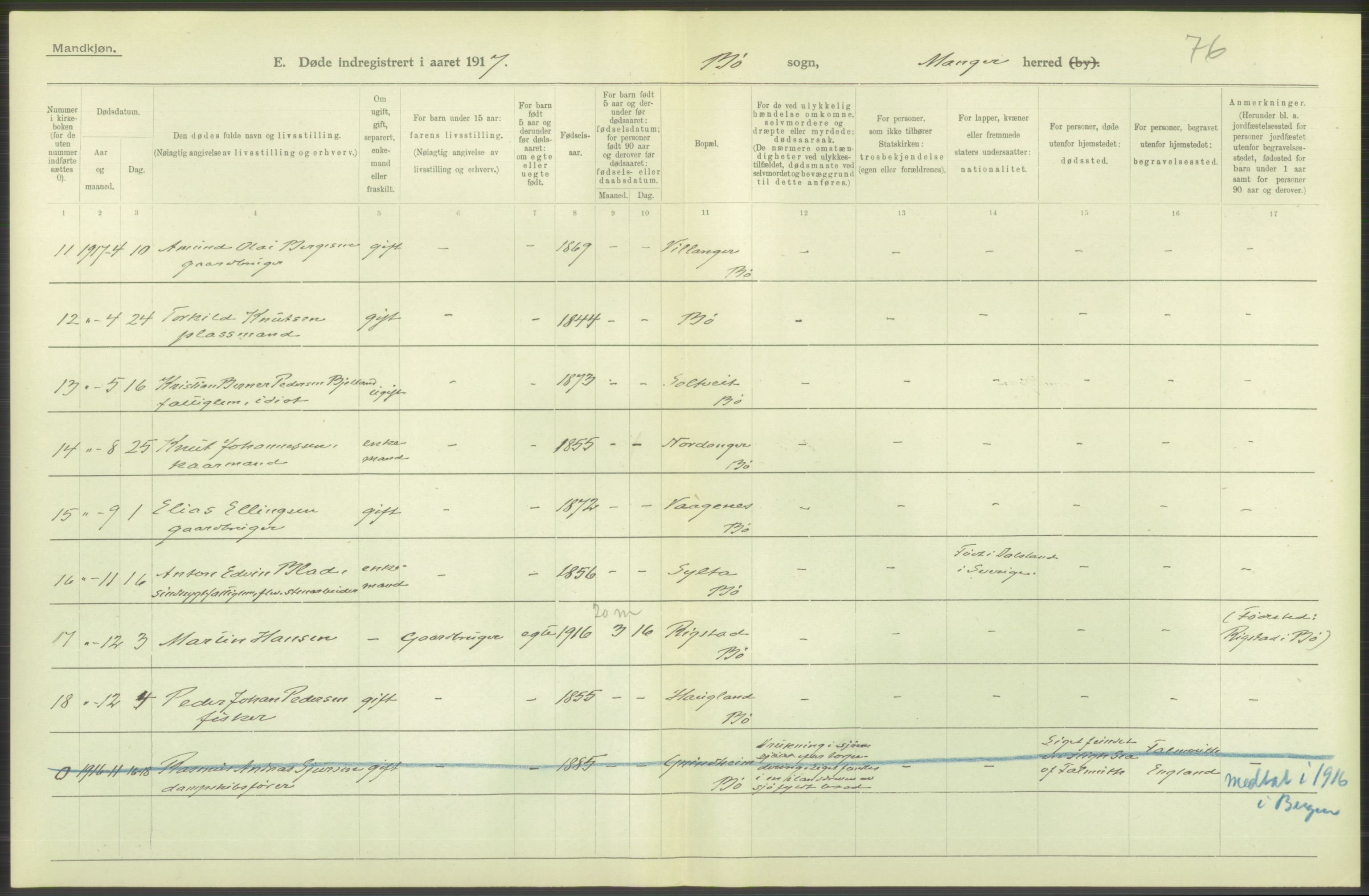 Statistisk sentralbyrå, Sosiodemografiske emner, Befolkning, AV/RA-S-2228/D/Df/Dfb/Dfbg/L0036: S. Bergenhus amt: Døde, dødfødte. Bygder., 1917, p. 594