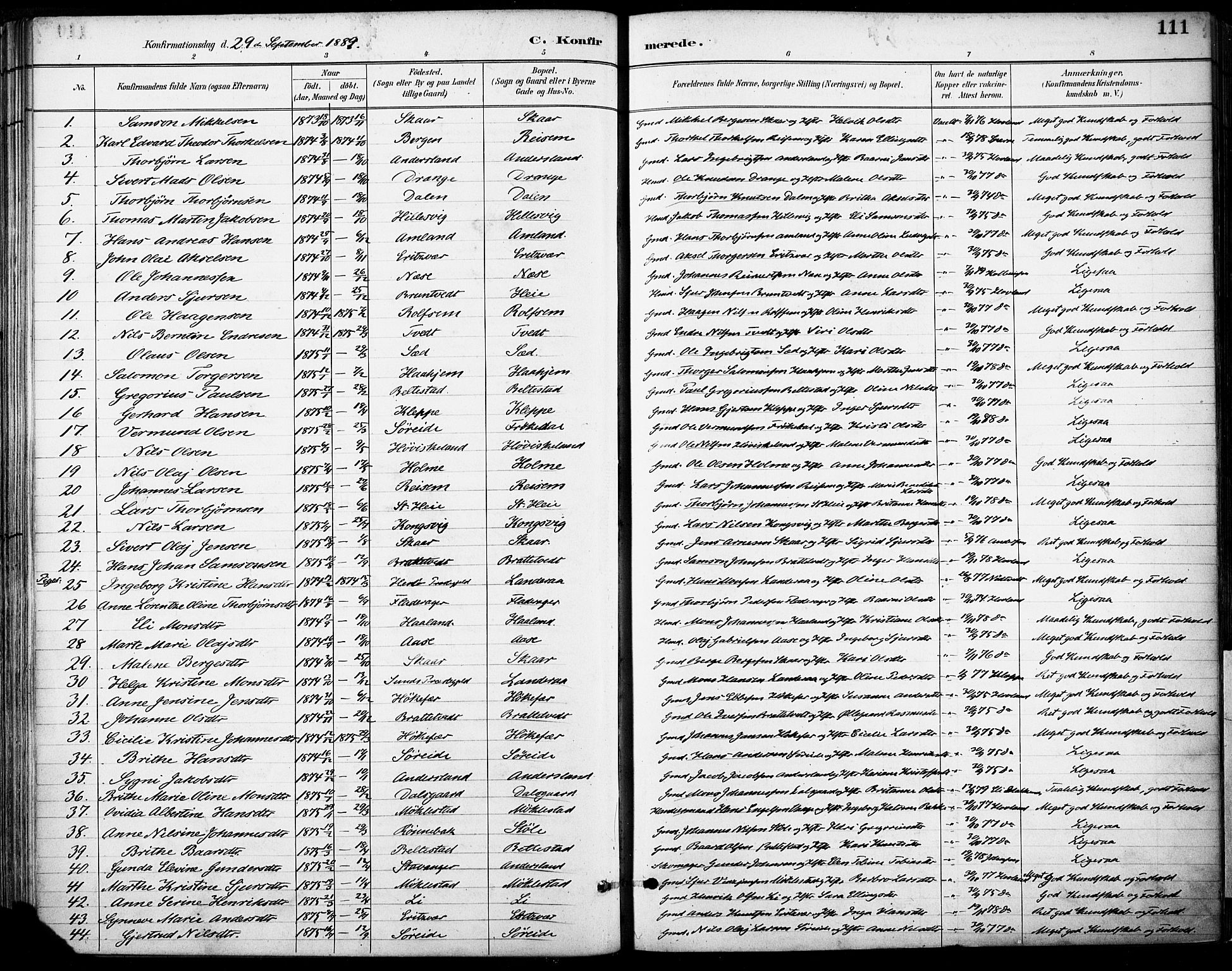 Tysnes sokneprestembete, SAB/A-78601/H/Haa: Parish register (official) no. D 1, 1887-1904, p. 111