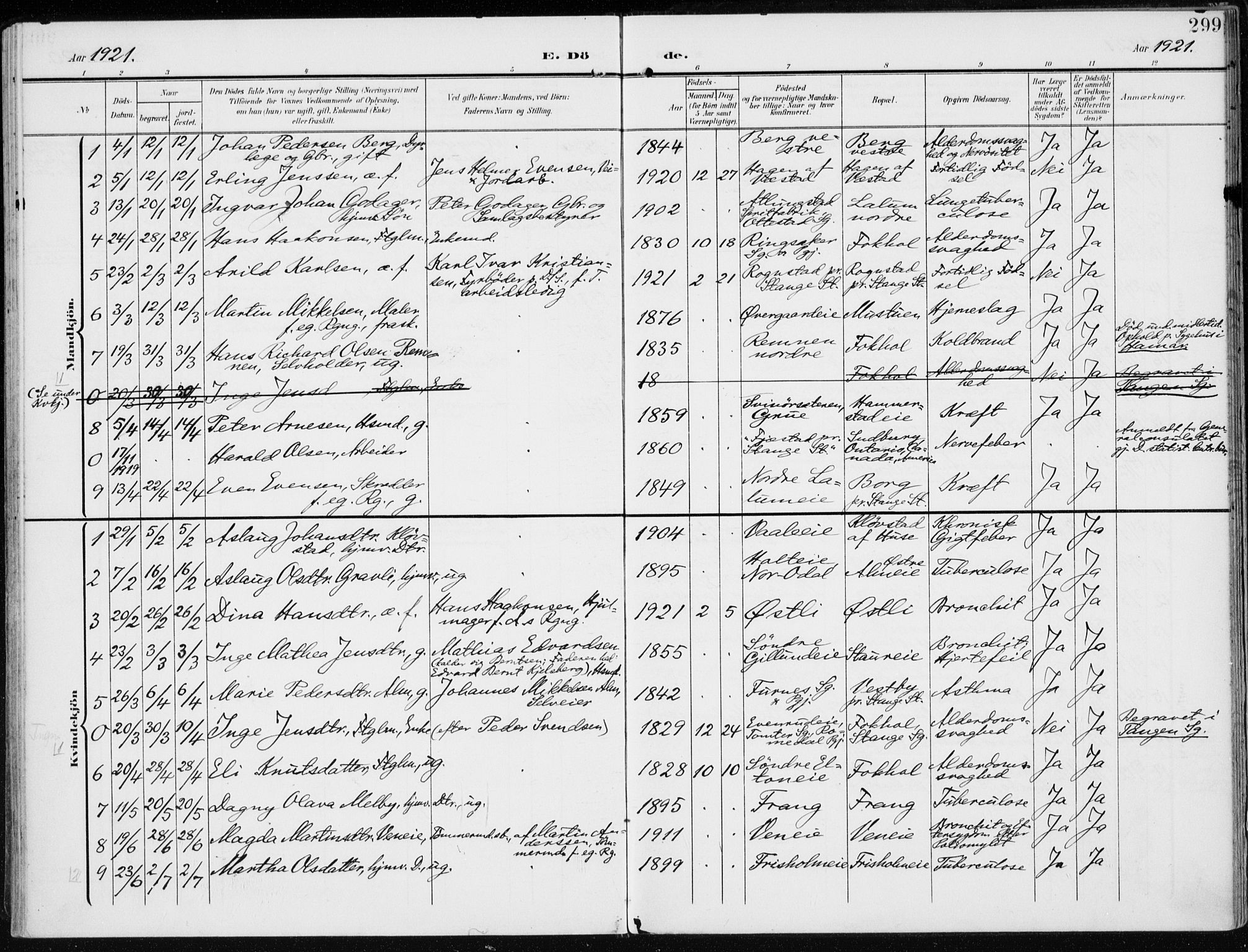 Stange prestekontor, SAH/PREST-002/K/L0024: Parish register (official) no. 24, 1906-1922, p. 299