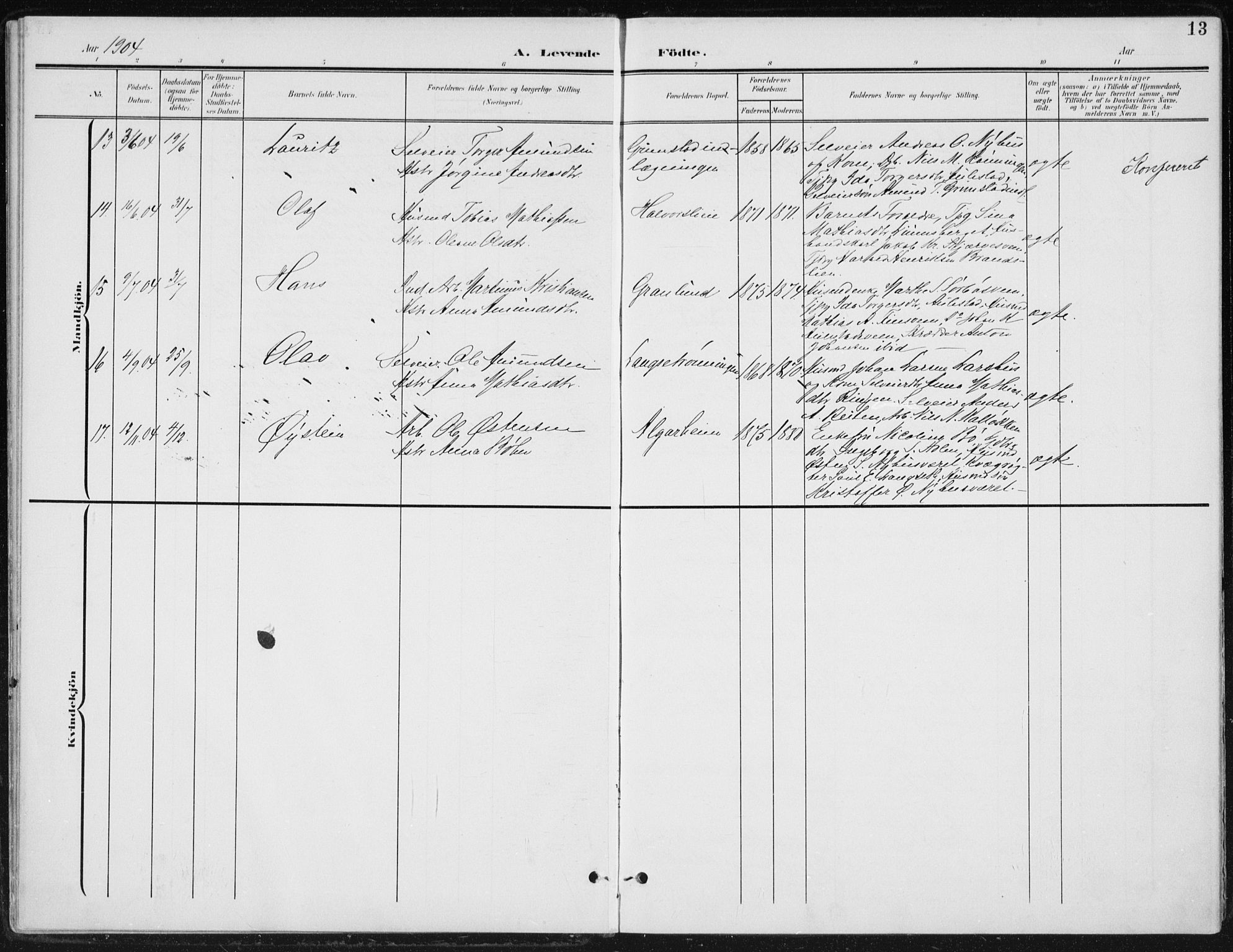 Østre Gausdal prestekontor, SAH/PREST-092/H/Ha/Haa/L0005: Parish register (official) no. 5, 1902-1920, p. 13