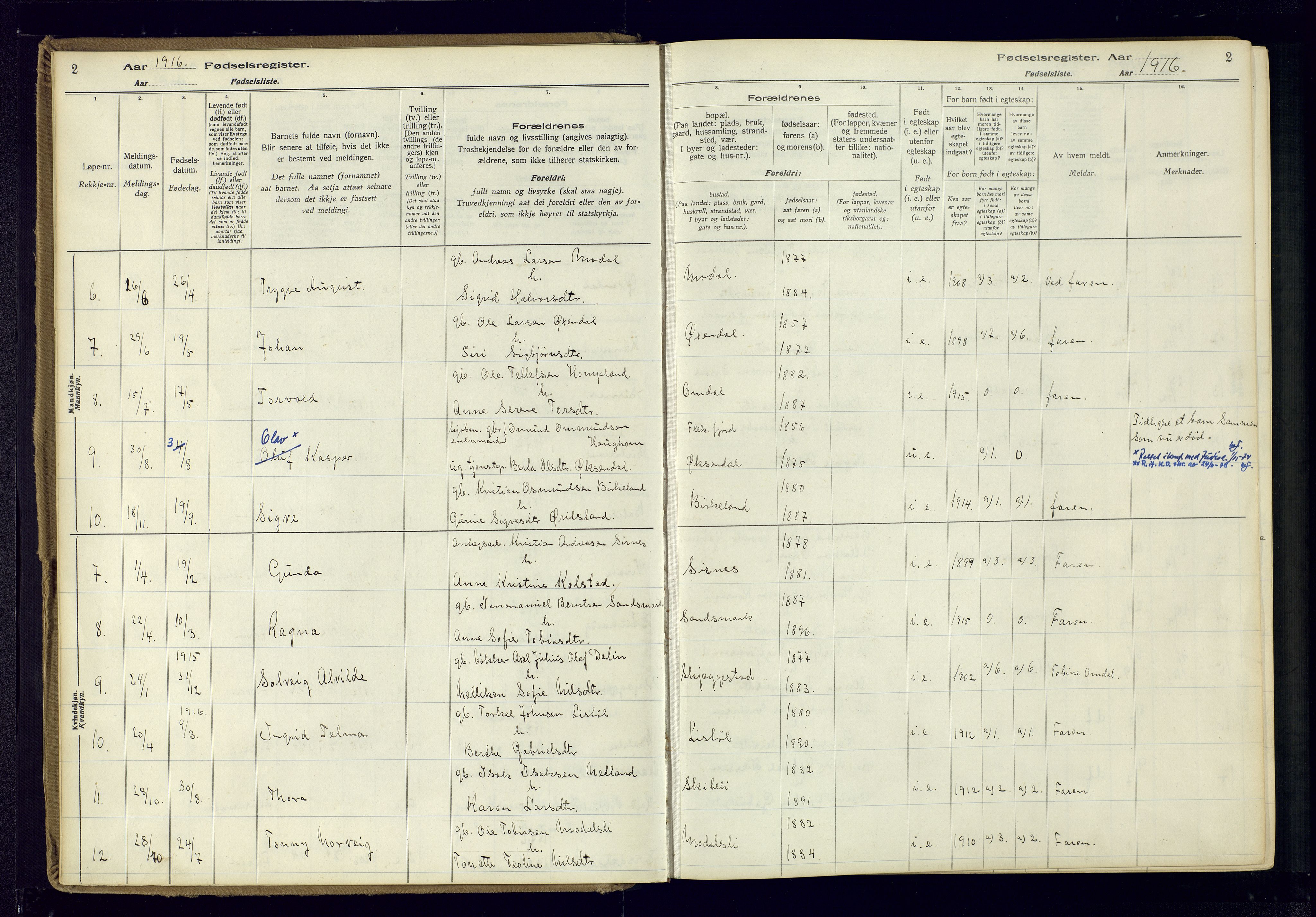 Bakke sokneprestkontor, SAK/1111-0002/J/Ja/L0001: Birth register no. A-VI-18, 1916-1982, p. 2