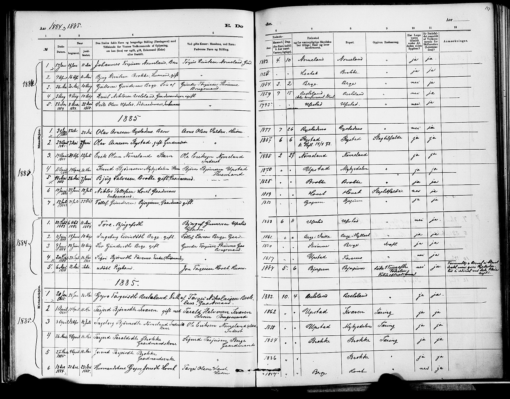 Valle sokneprestkontor, SAK/1111-0044/F/Fa/Fab/L0001: Parish register (official) no. A 1, 1882-1910, p. 137