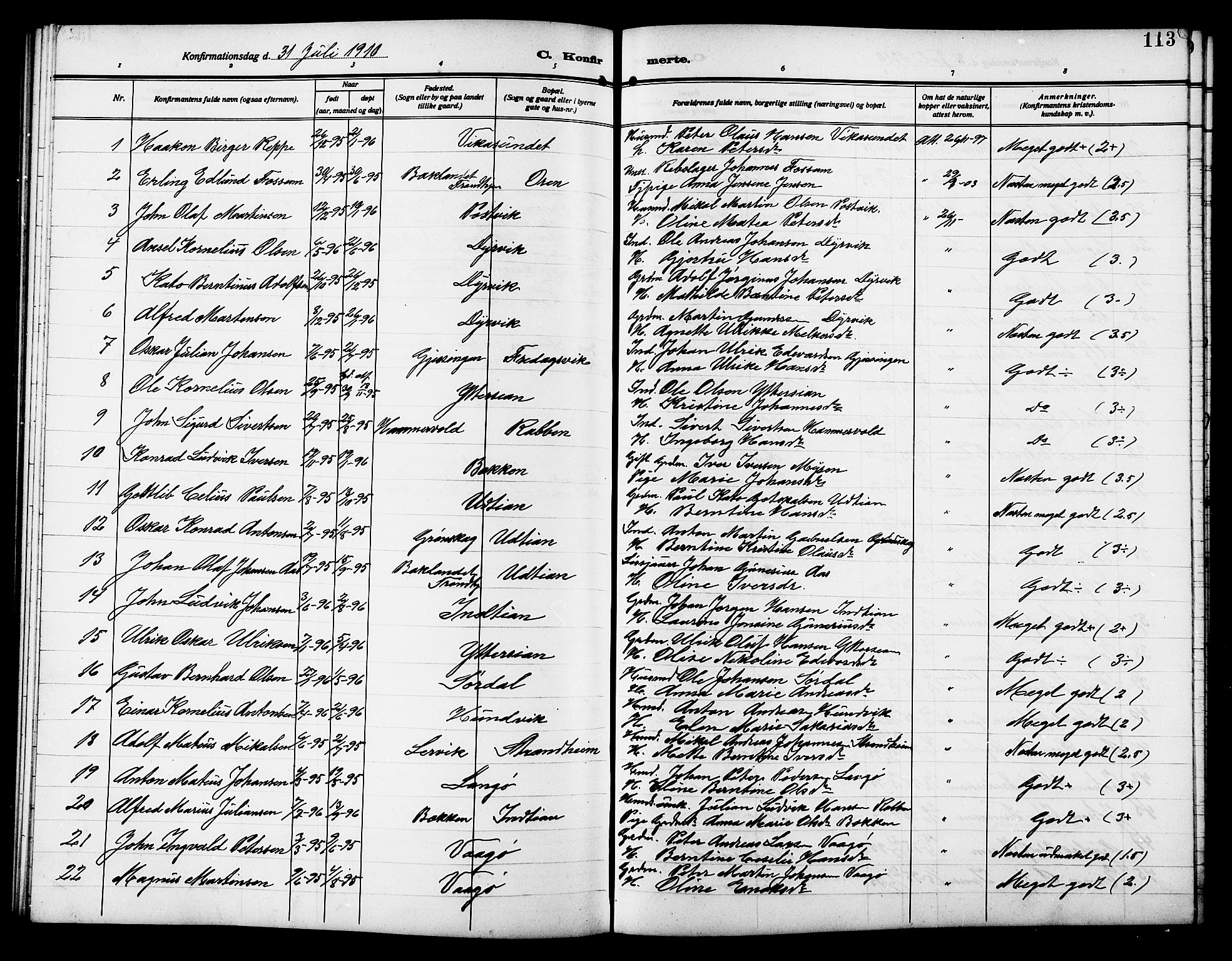 Ministerialprotokoller, klokkerbøker og fødselsregistre - Sør-Trøndelag, SAT/A-1456/640/L0588: Parish register (copy) no. 640C05, 1909-1922, p. 113