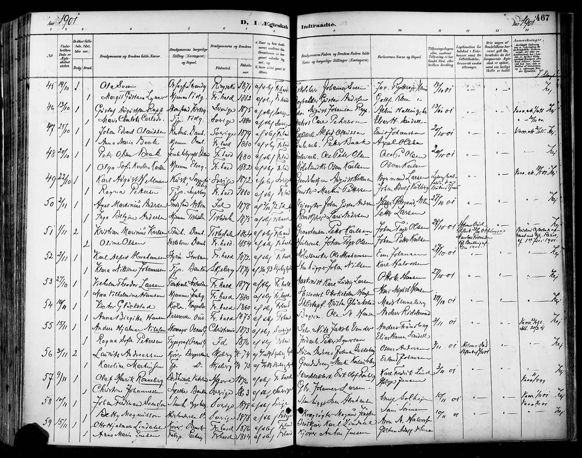 Halden prestekontor Kirkebøker, SAO/A-10909/F/Fa/L0013: Parish register (official) no. I 13, 1890-1906, p. 467