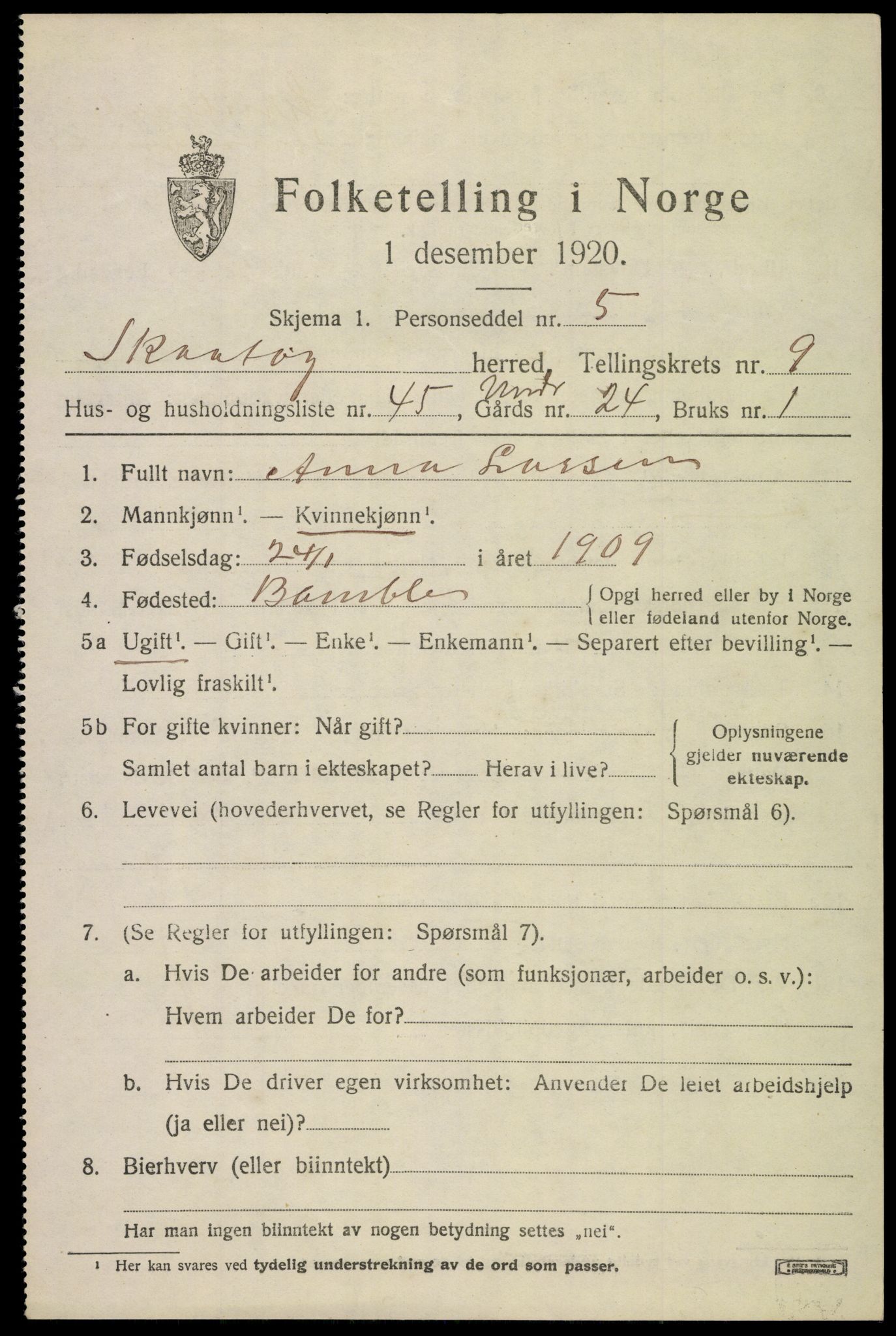 SAKO, 1920 census for Skåtøy, 1920, p. 7102