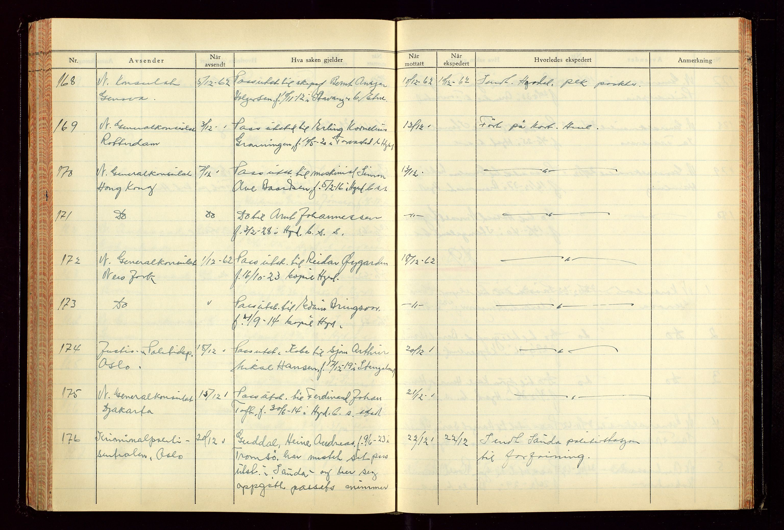 Haugesund politikammer, AV/SAST-A-100440/K/L0007: Passjournal (16 12 53-07 1065), 1953-1965, p. 168