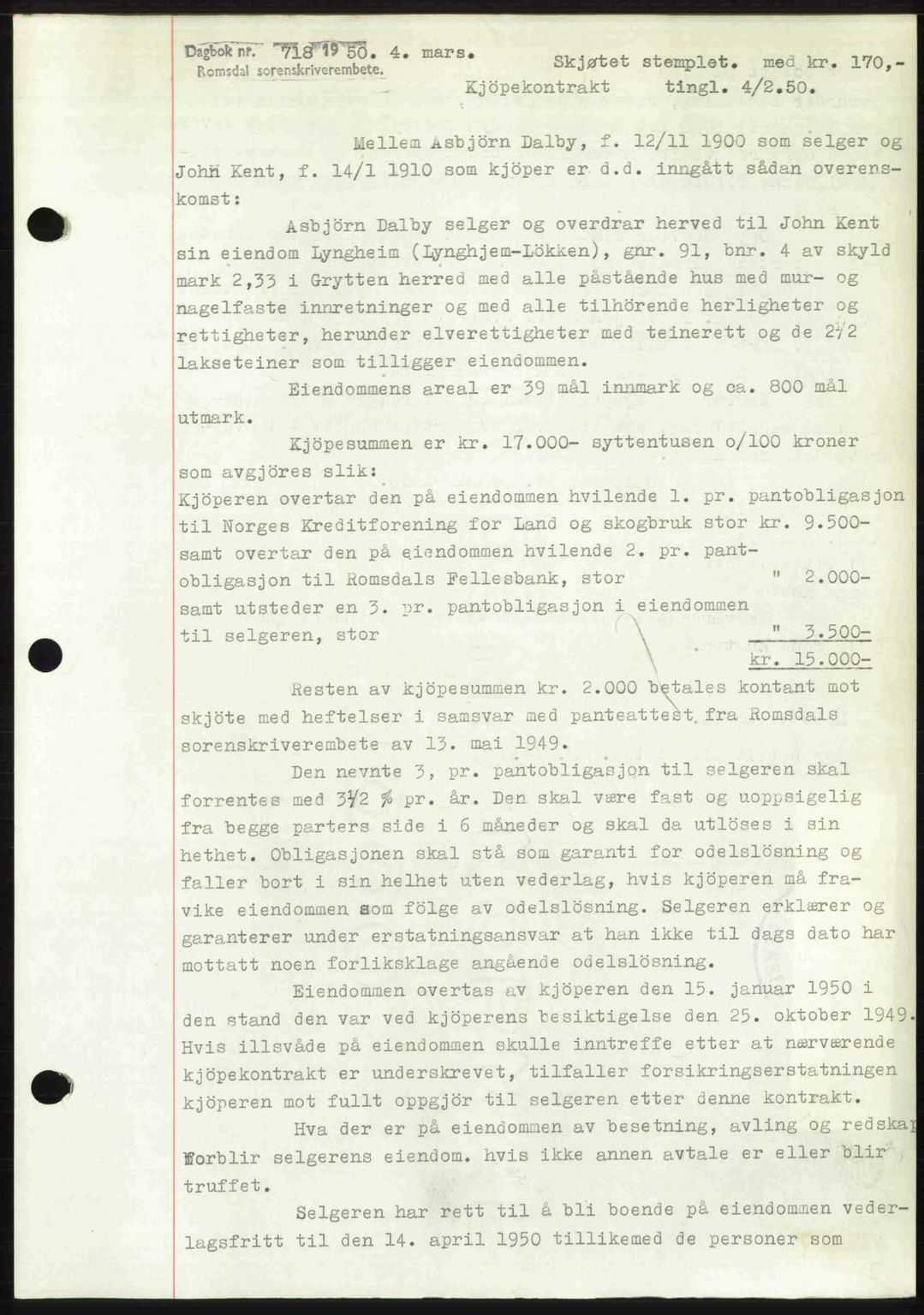 Romsdal sorenskriveri, AV/SAT-A-4149/1/2/2C: Mortgage book no. A32, 1950-1950, Diary no: : 718/1950