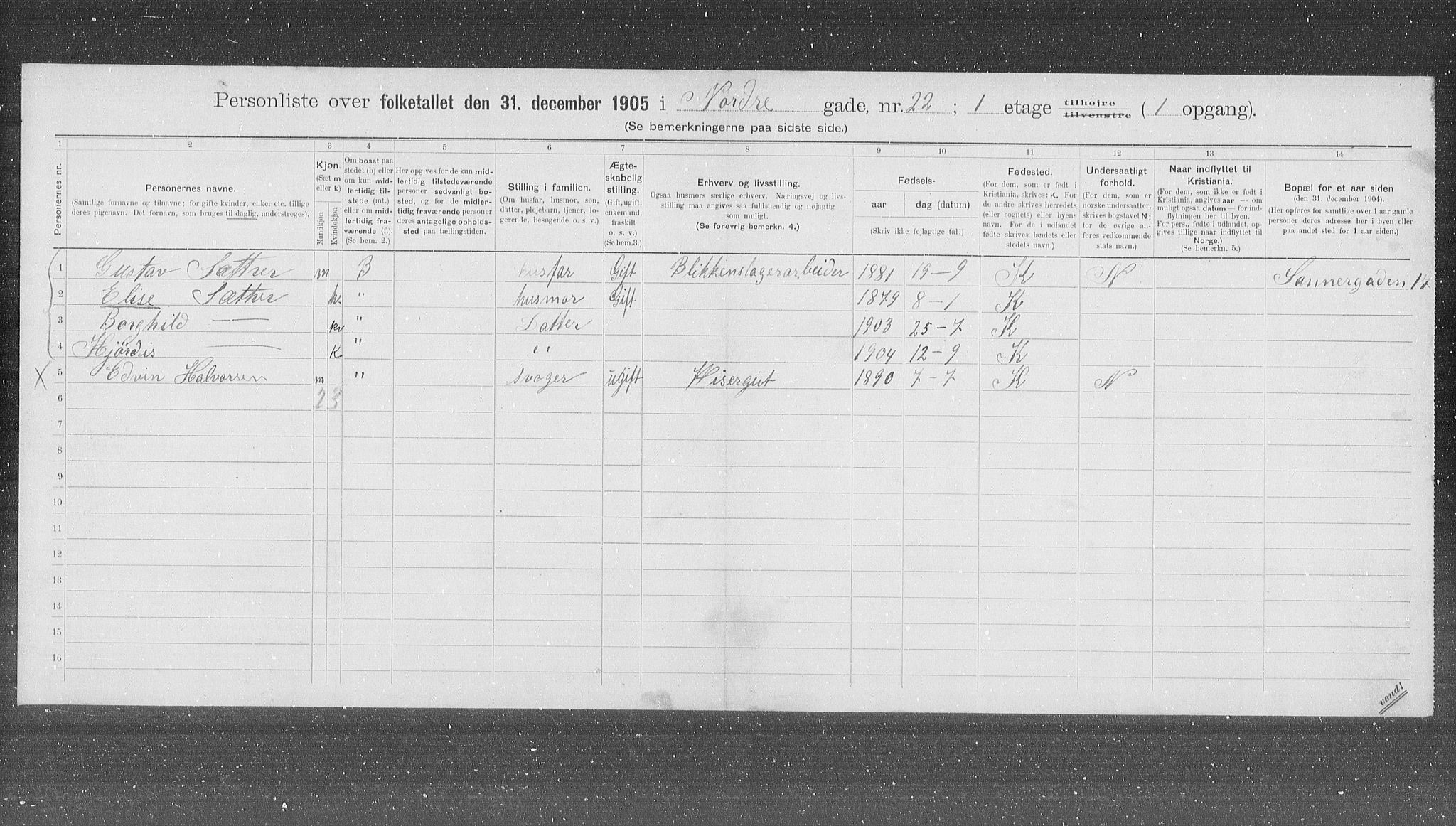 OBA, Municipal Census 1905 for Kristiania, 1905, p. 38605