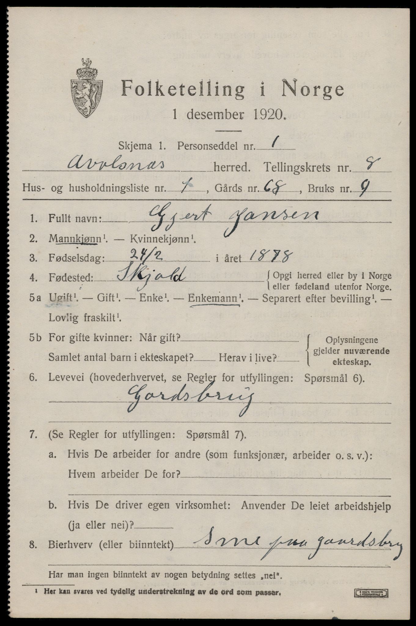 SAST, 1920 census for Avaldsnes, 1920, p. 6371