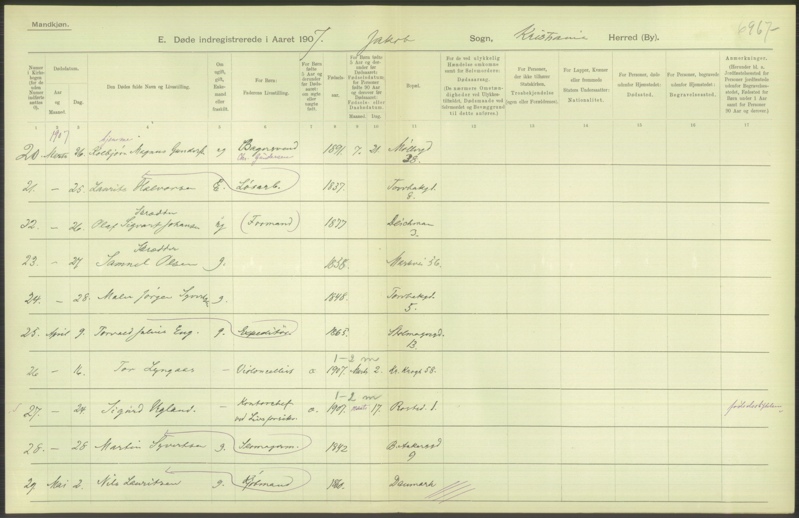 Statistisk sentralbyrå, Sosiodemografiske emner, Befolkning, AV/RA-S-2228/D/Df/Dfa/Dfae/L0010: Kristiania: Døde, dødfødte, 1907, p. 328