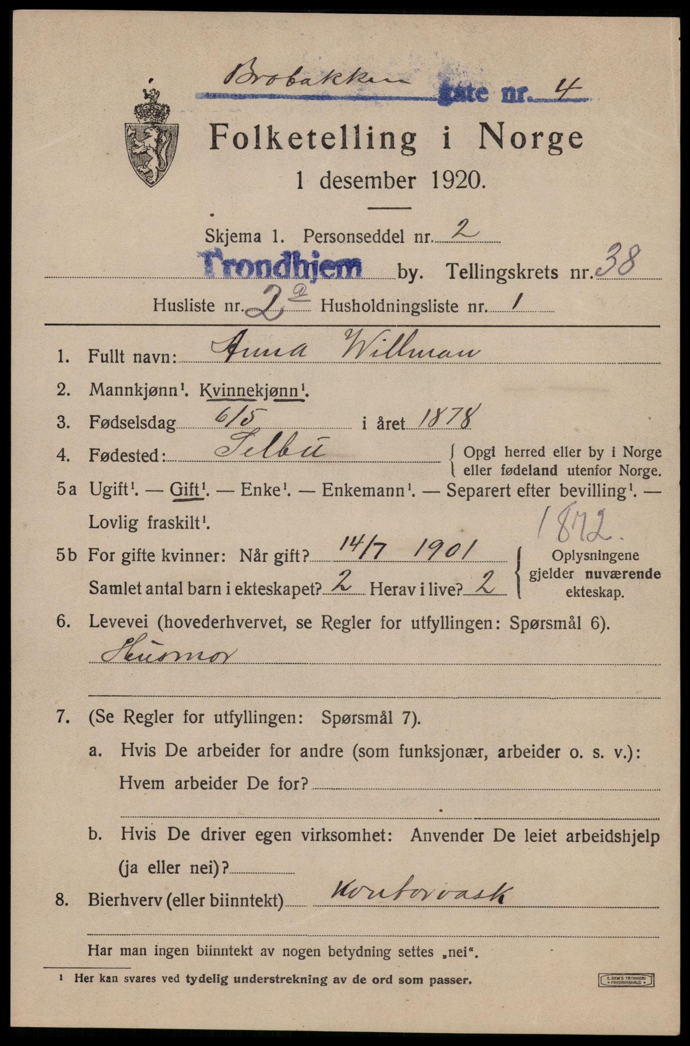 SAT, 1920 census for Trondheim, 1920, p. 86264